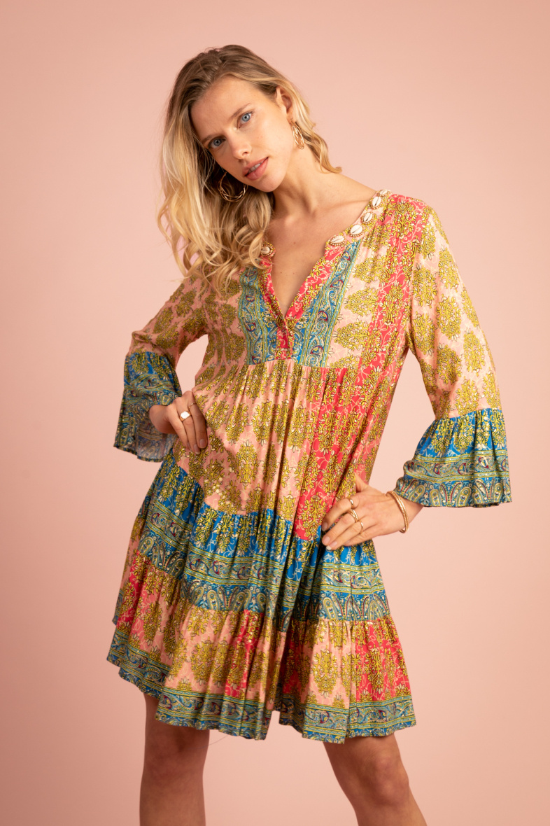 Vestido túnica con bordado de conchas y efecto dorado - Salmón - 5 - formato grande