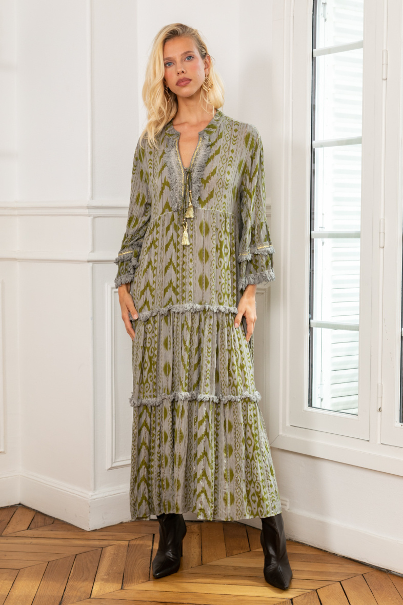Grossiste Last Queen - Robe longue LUREX volantée, à motif géométrique, coupe évasée