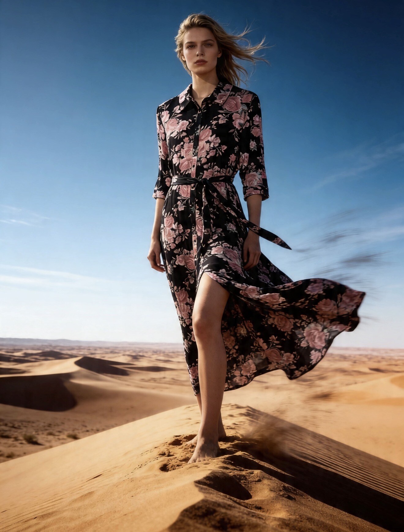 Wholesaler Last Queen - Flowy long shirt dress with a belted floral print