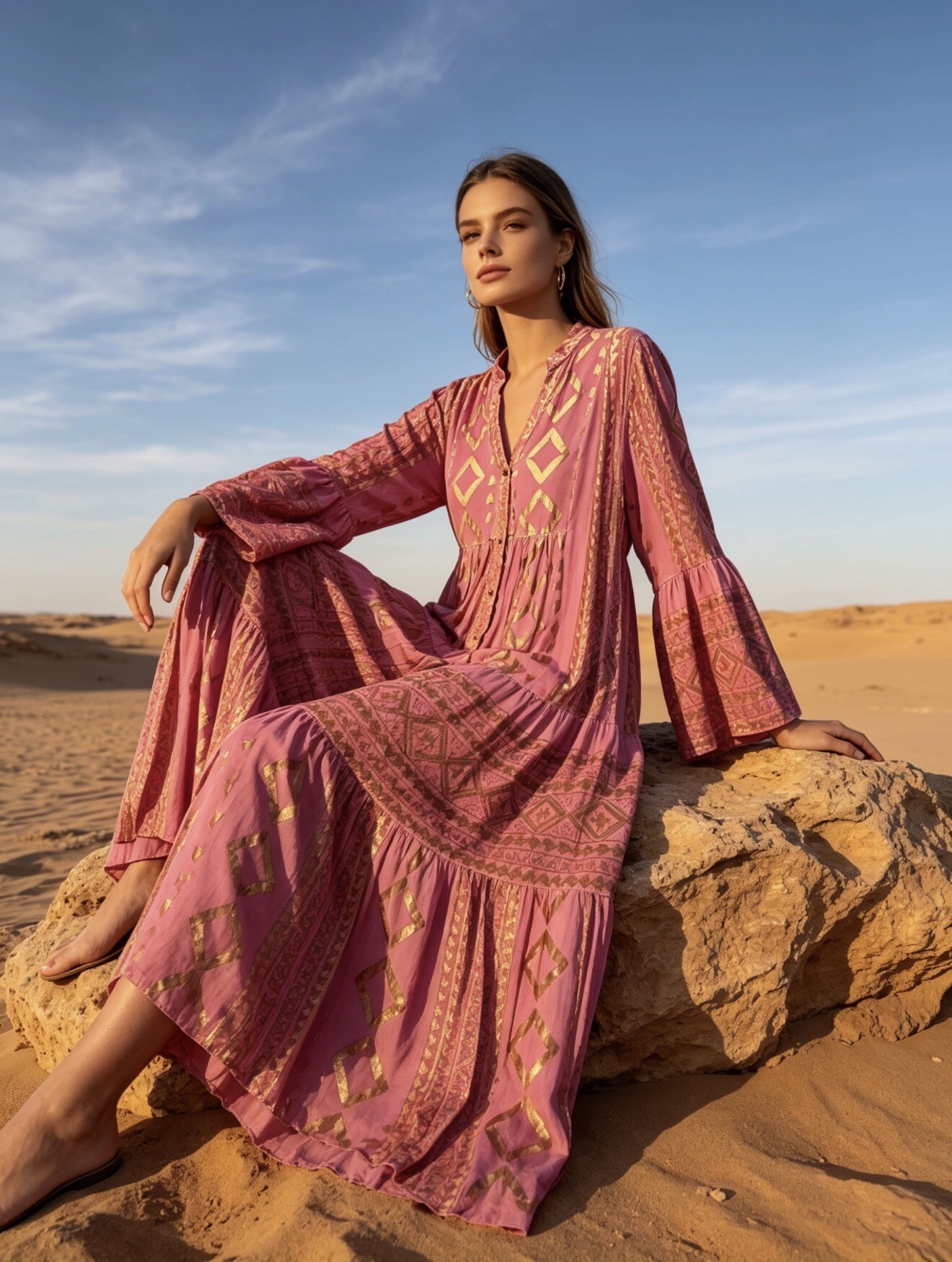 Wholesaler Last Queen - Long printed dress with gilded effect, flared cut, washed-out style