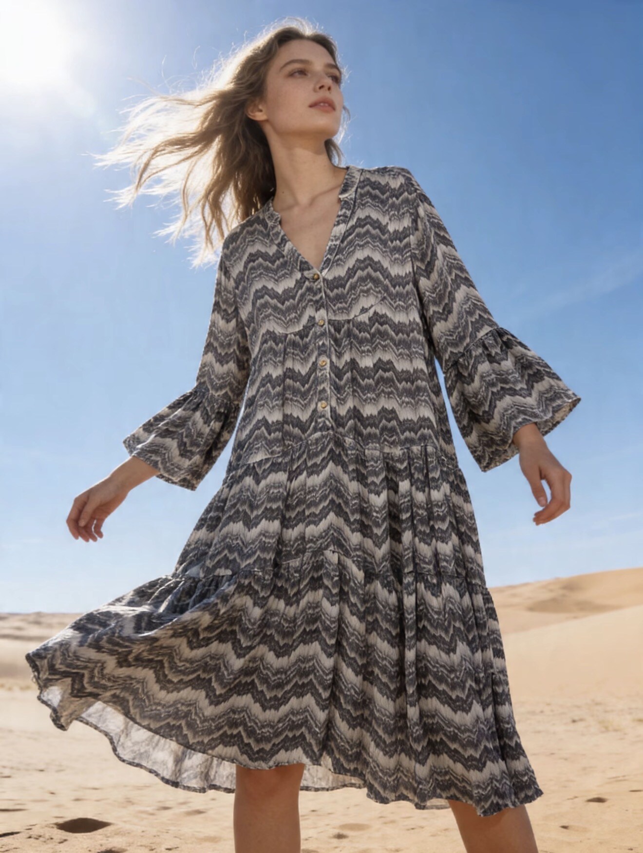 Mayorista Last Queen - Vestido largo fluido con estampado, corte acampanado con botones delanteros, estilo desgastado