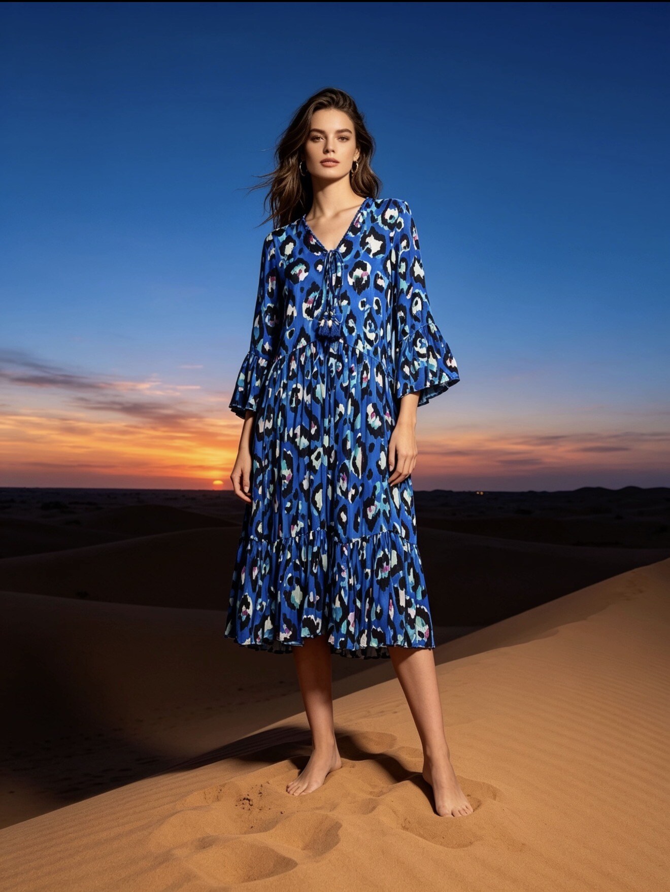 Mayorista Last Queen - Vestido midi de estampado de leopardo con mangas acampanadas anchas y cuello en V con lazo