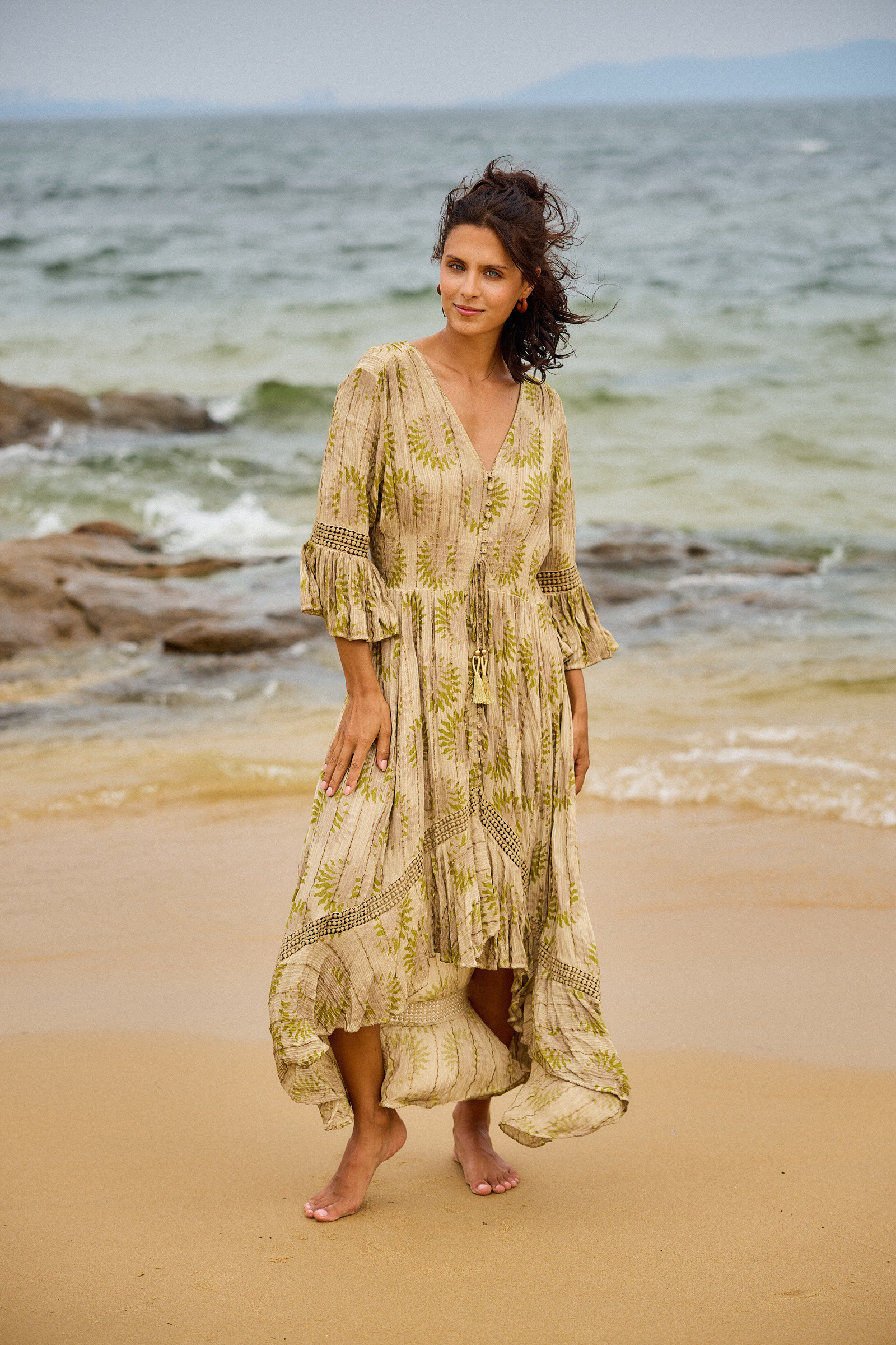 Grossiste Last Queen - Robe longue symétrique  à imprimé corail  avec Lurex, détail ajouré