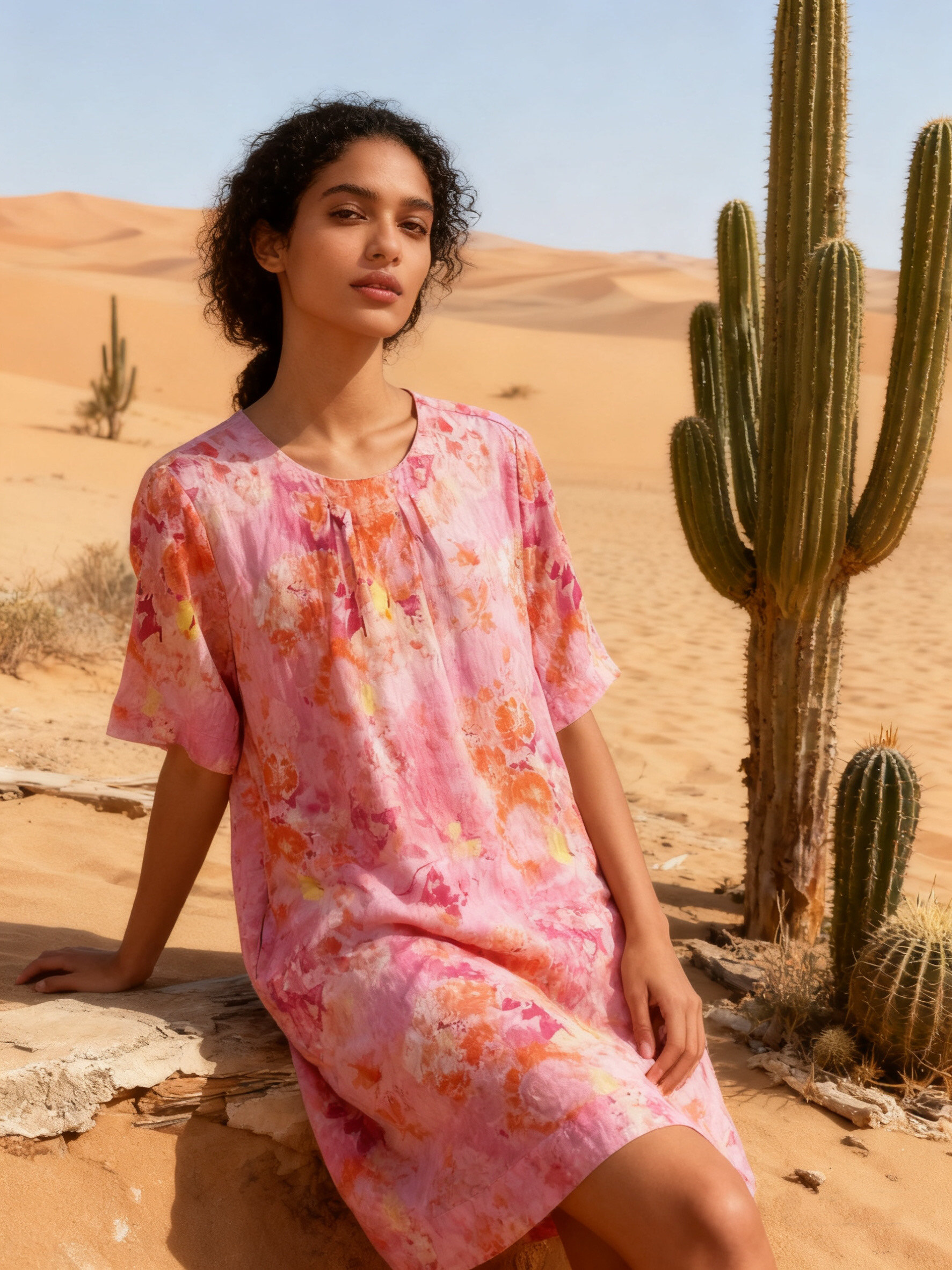 Wholesaler Last Queen - Watercolor print dress with round neckline