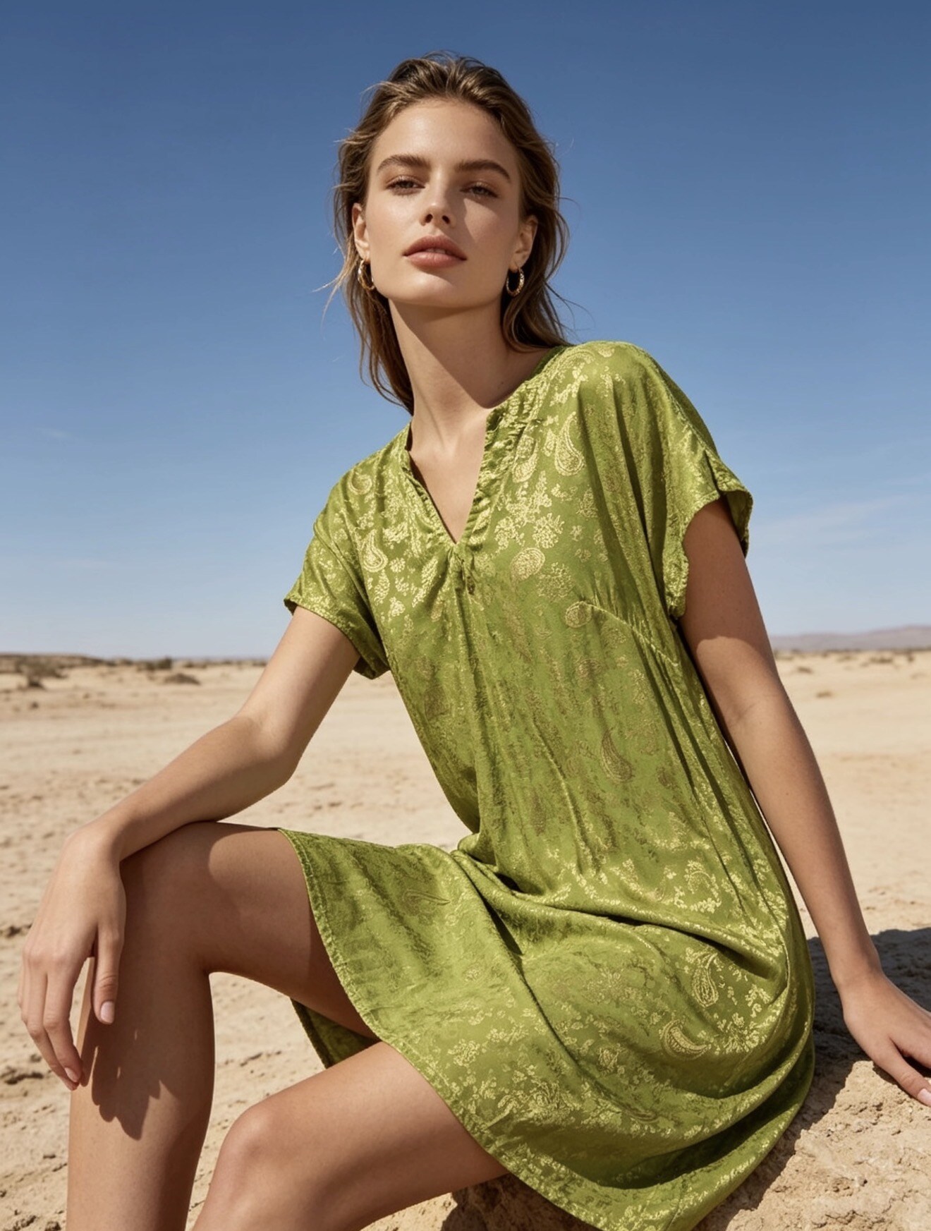 Mayorista Last Queen - Vestido túnica con estampado dorado, escote en V y mangas cortas