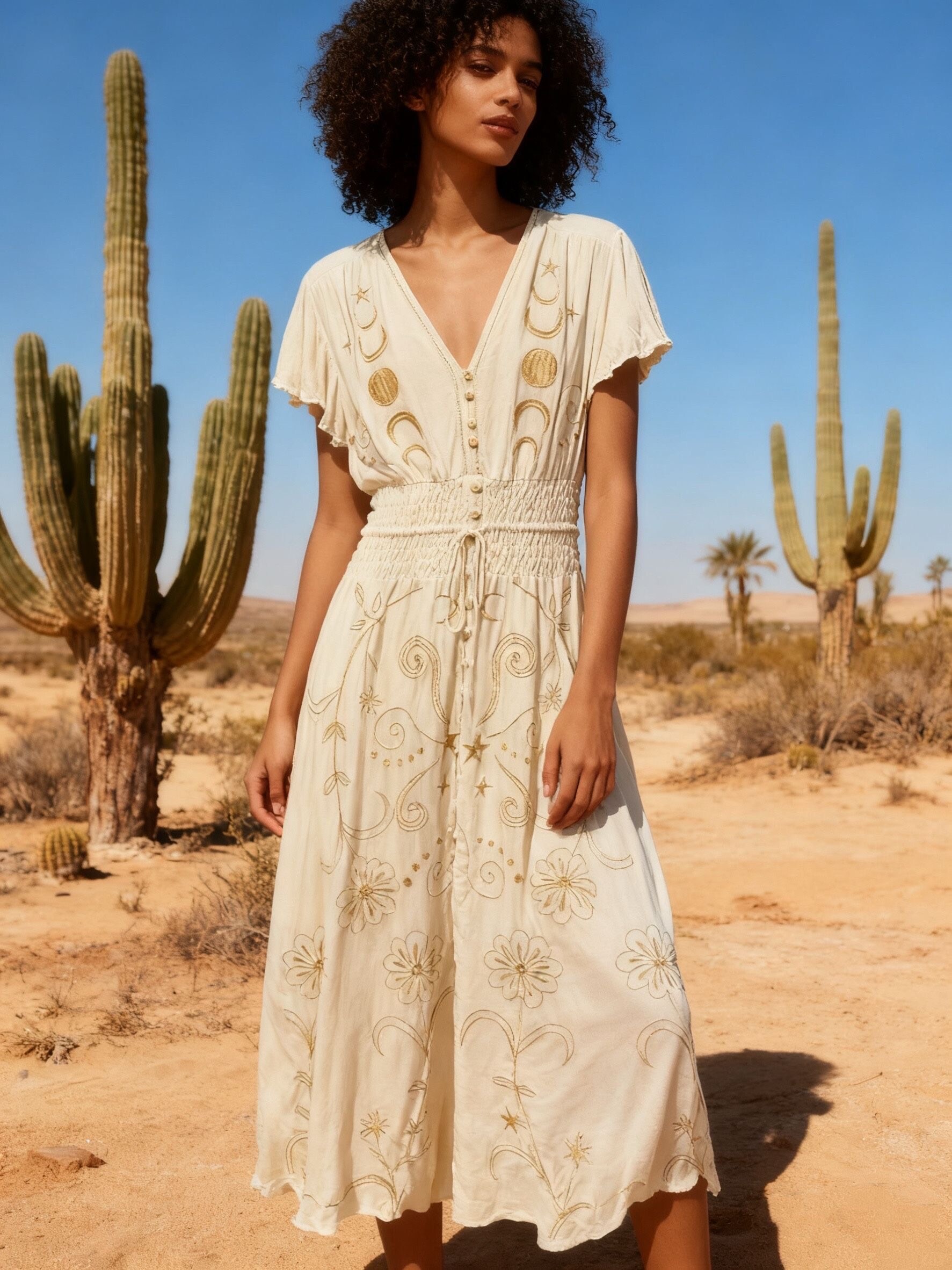 Wholesaler Last Queen - Long embroidered dress with elastic waist, buttoned V-neck front