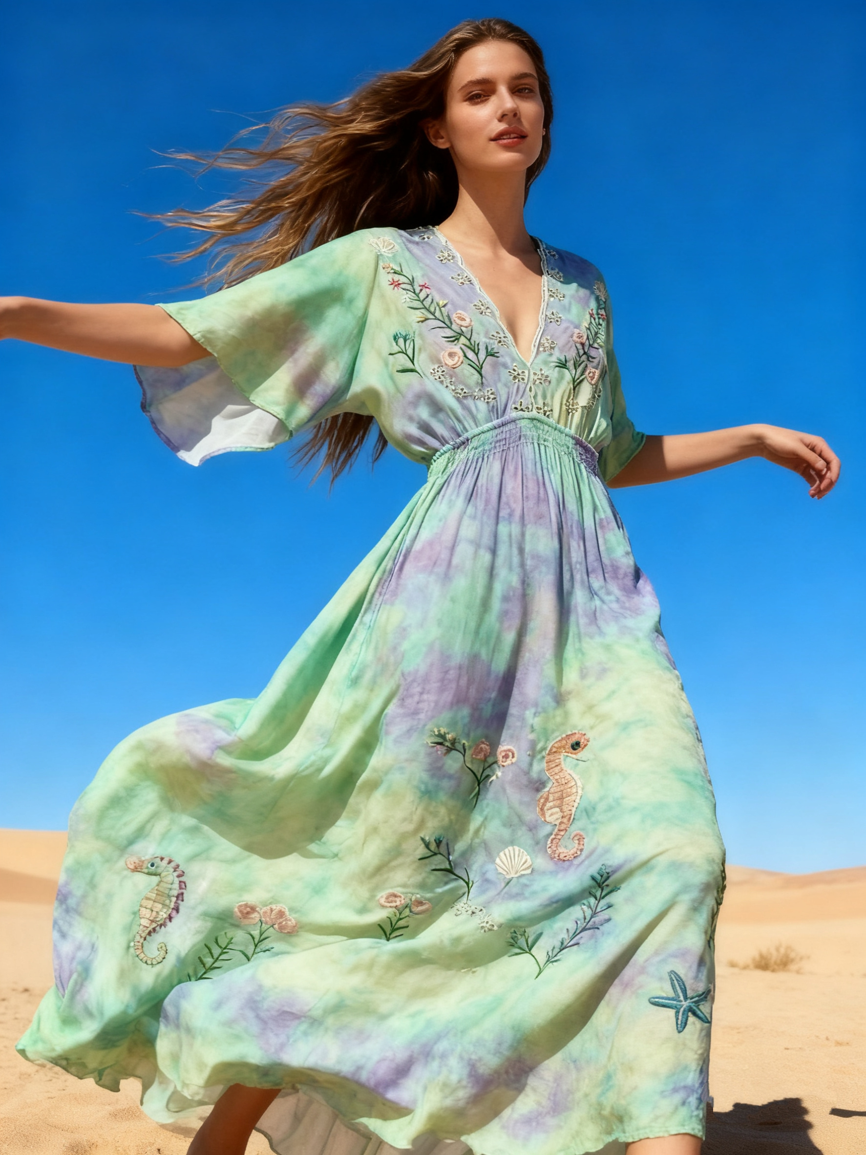 Wholesaler Last Queen - Floral embroidered maxi dress with V-neckline front and back