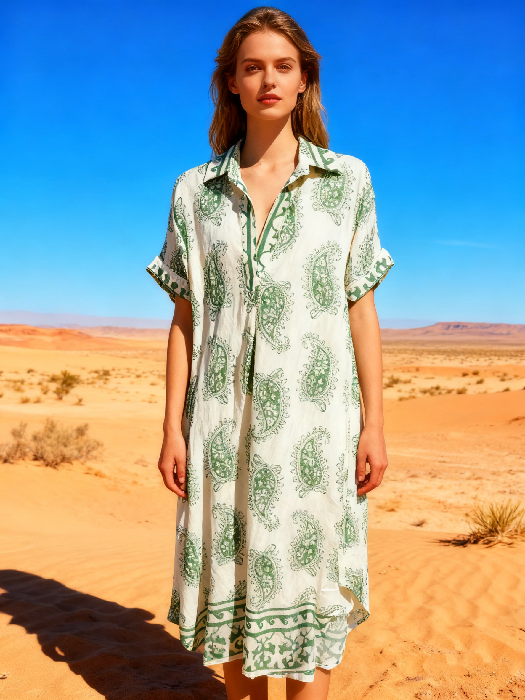 Wholesaler Last Queen - Long shirt dress with Paisley print, V-neck, flared cut with hidden pockets