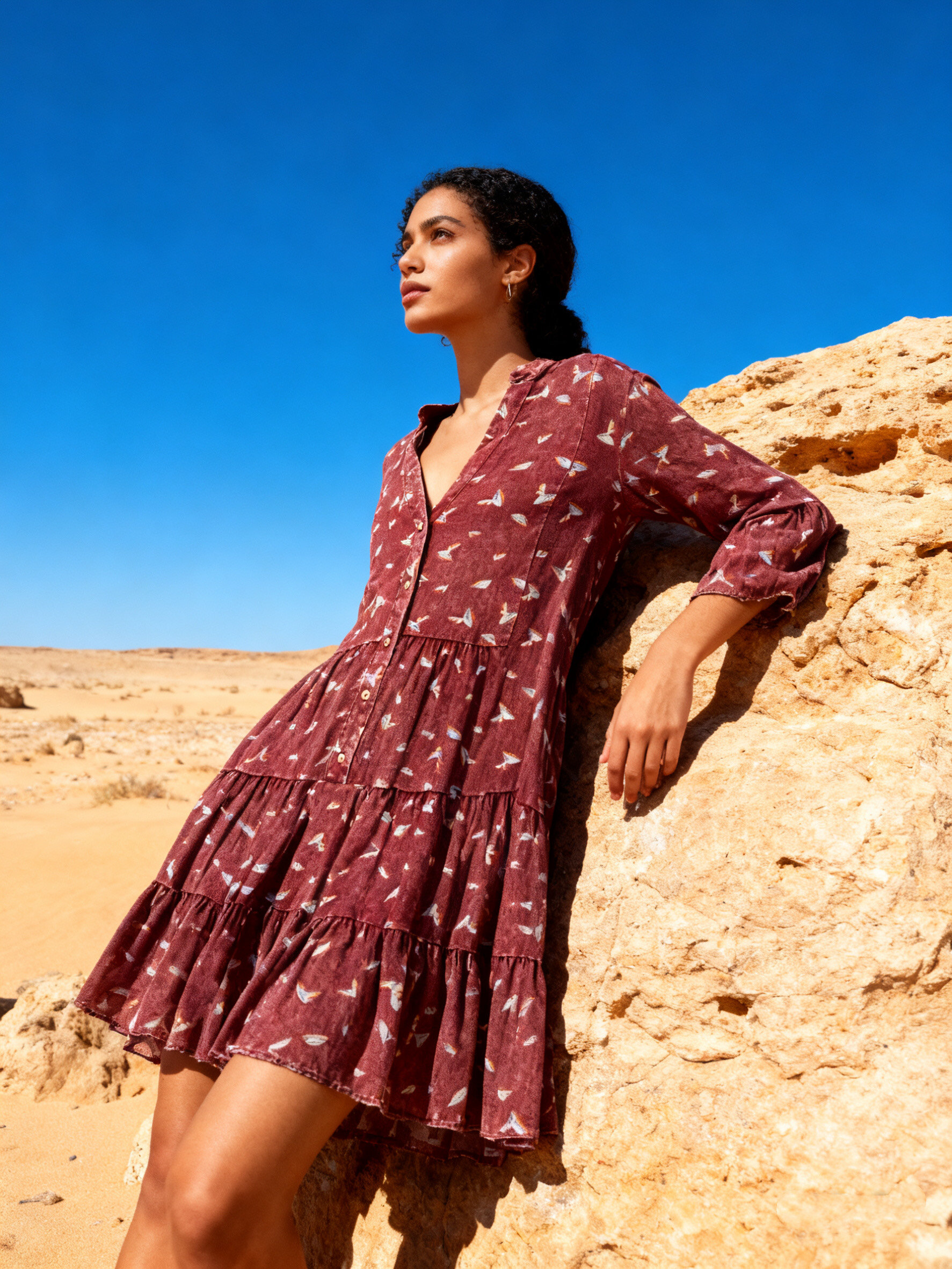 Wholesaler Last Queen - Flowy tunic dress with Paisley print, buttoned front V-neck