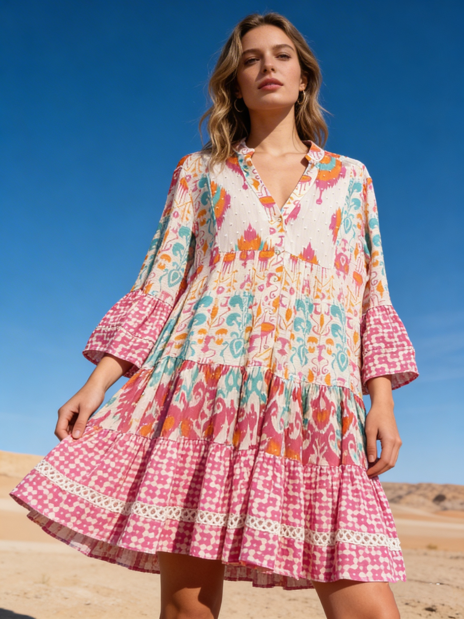 Mayorista Last Queen - Vestido camisero estampado con Lurex, cuello en v y mangas acampanadas, tejido texturizado
