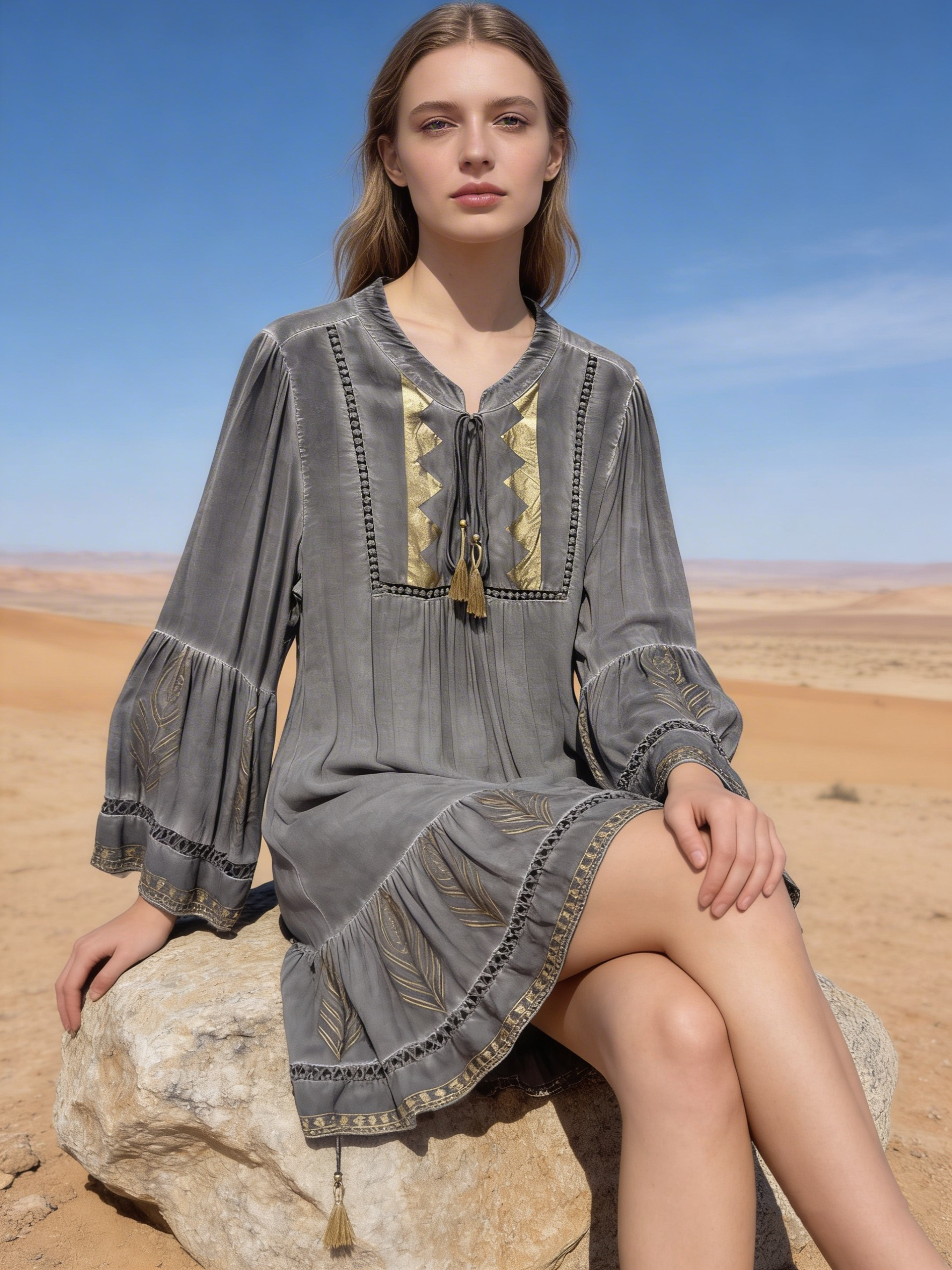 Mayorista Last Queen - Vestido midi con estampado de efecto dorado en estilo bohemio, Corte acampanado