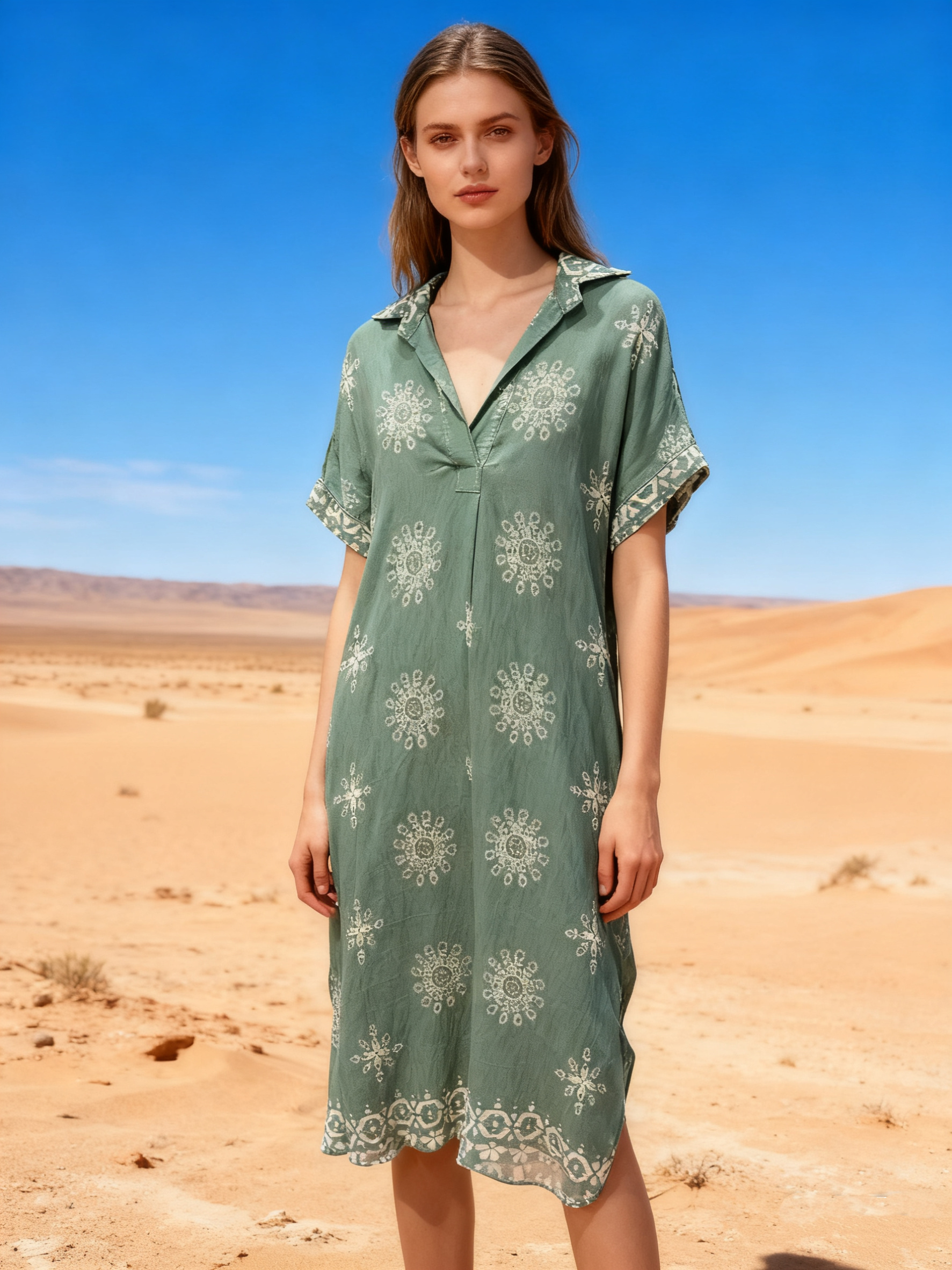 Wholesaler Last Queen - Printed long shirt dress, V-neck, flared cut with hidden pockets