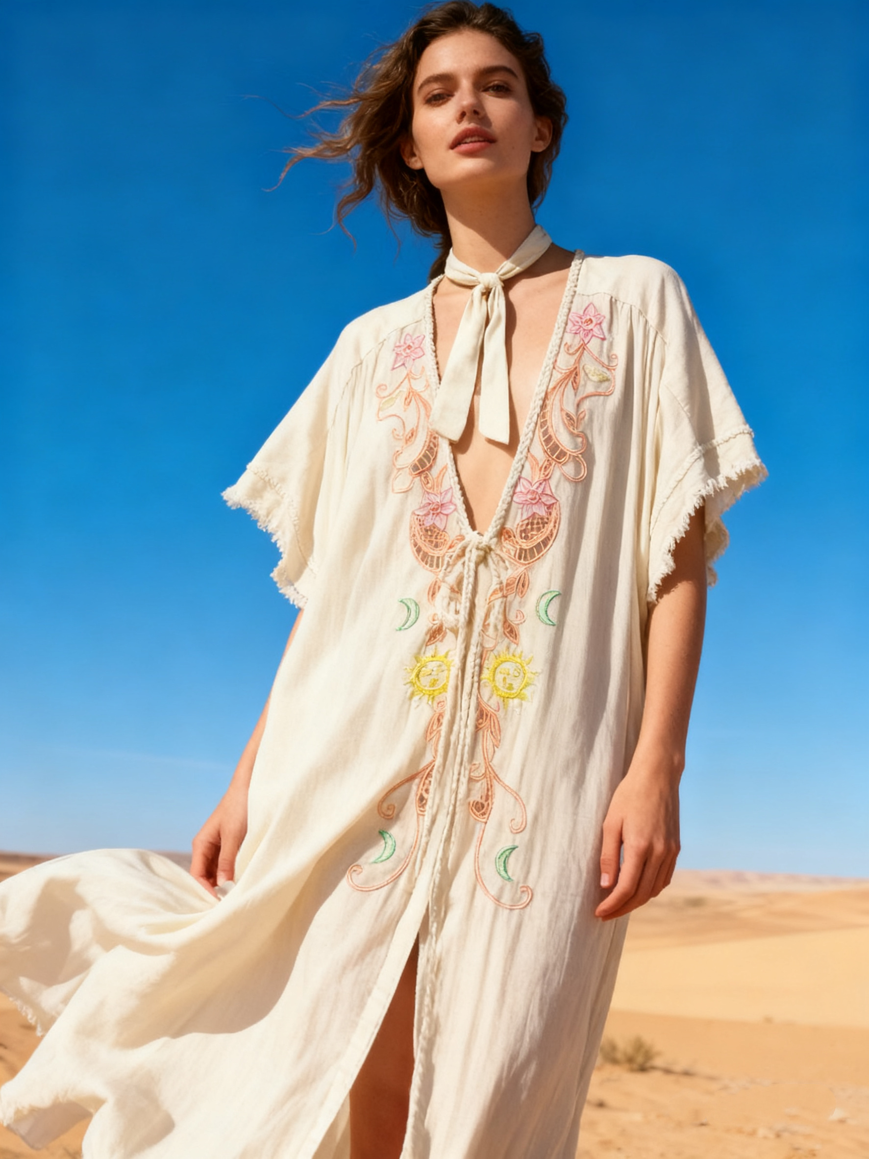 Wholesaler Last Queen - Kimono dress with embroidery, flared cut, washed style