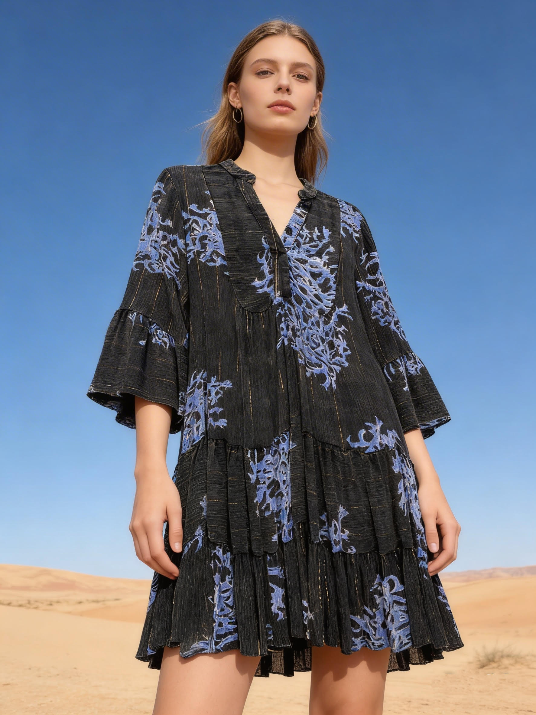 Mayorista Last Queen - Vestido midi con estampado coral, estilo desgastado con Lurex, corte acampanado