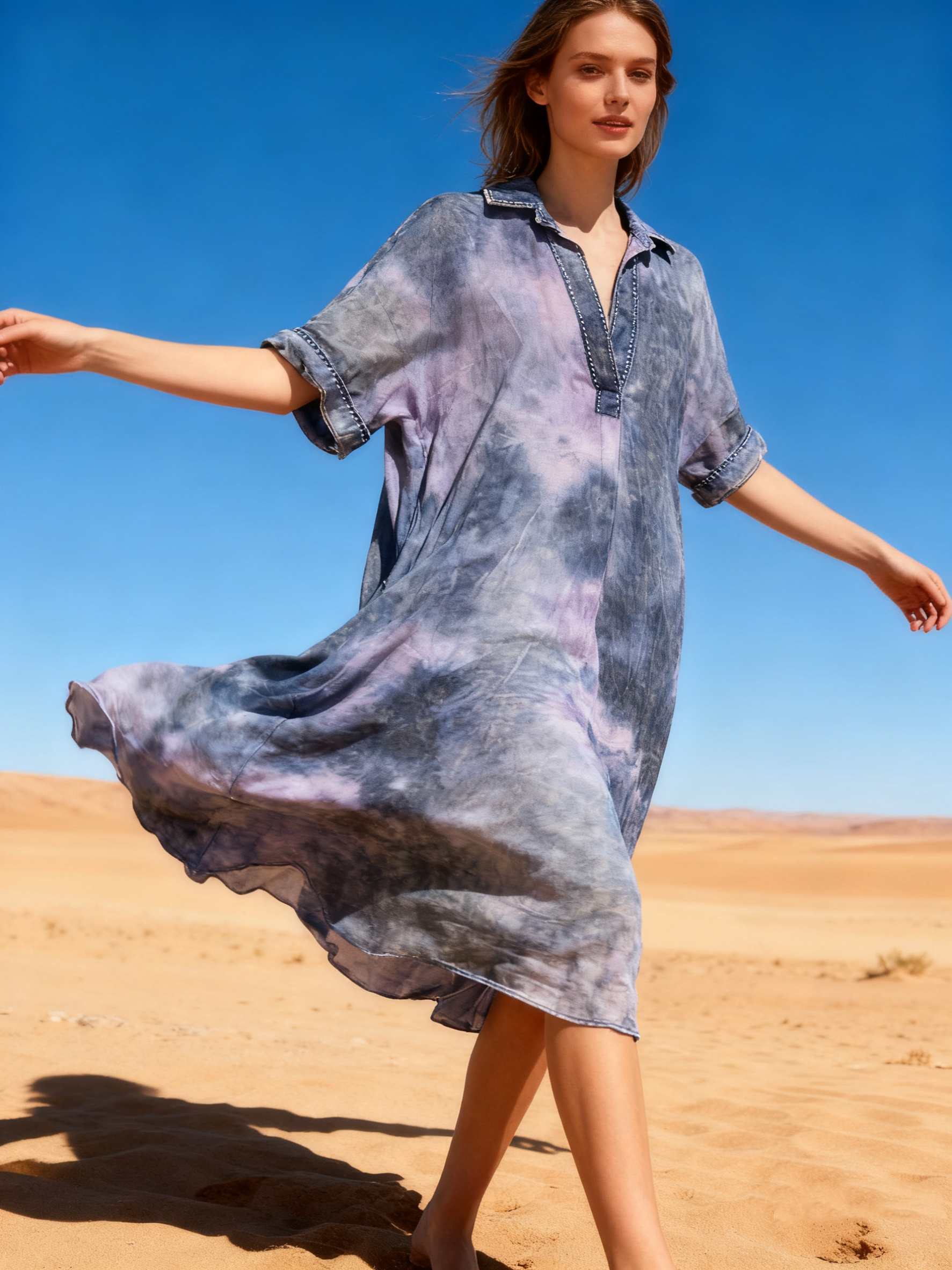 Wholesaler Last Queen - Flowy tie-dye shirt dress, flared cut, washed fabric