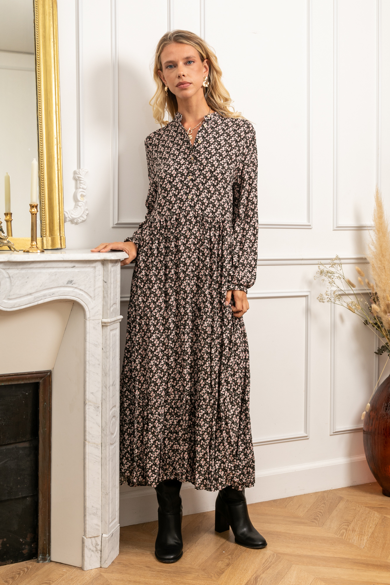Grossiste Last Queen - Robe chemise longue à imprimé, style délavé coupe évasée avec fronces