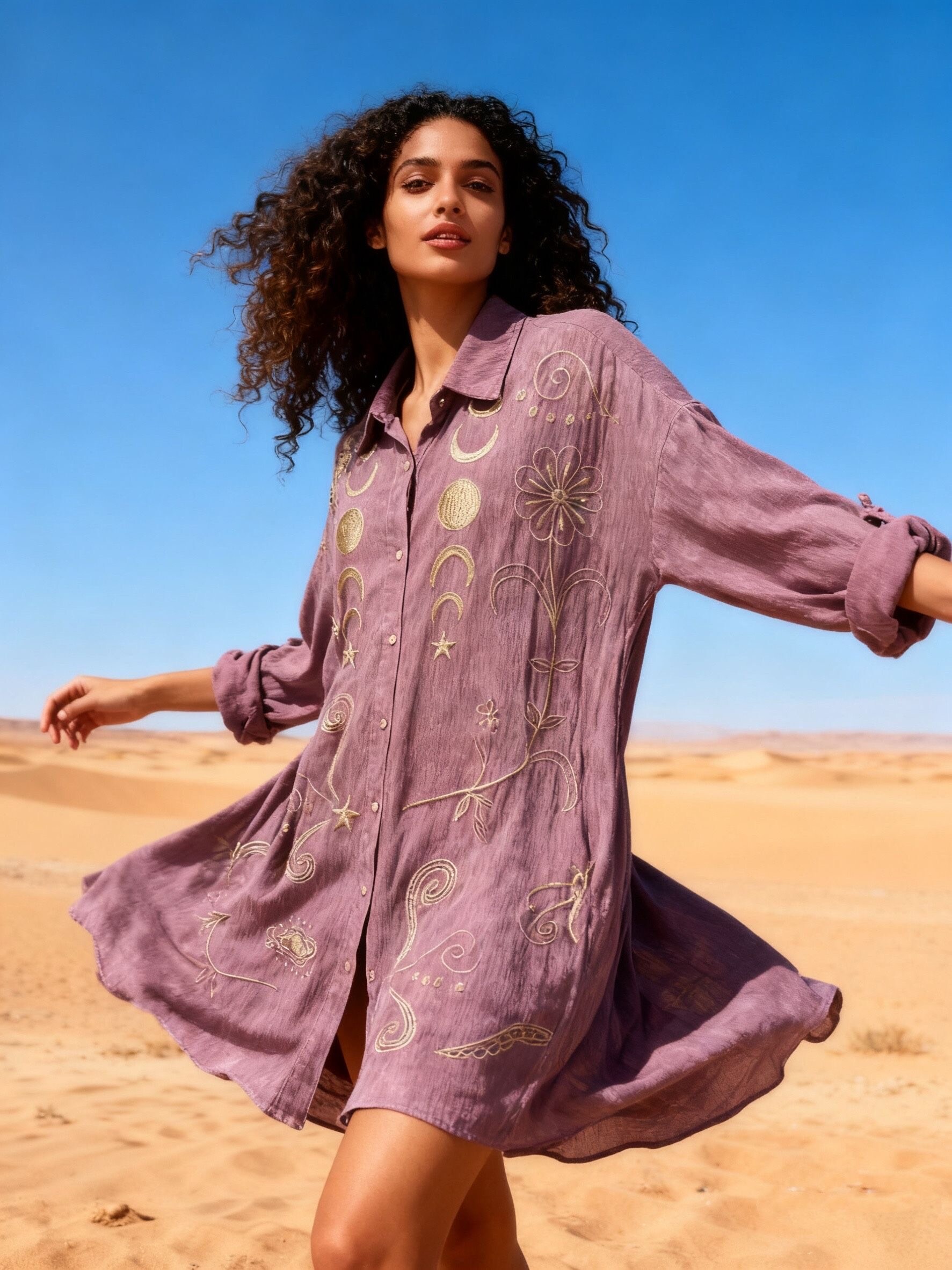 Wholesaler Last Queen - Shirt dress with embroidery, V-neck, flared cut, washed fabric