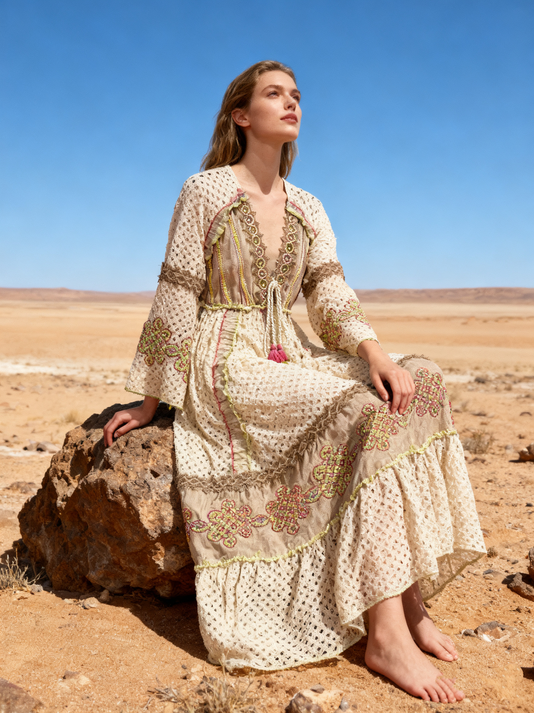 Wholesaler Last Queen - Long lace and embroidered dress, V-neck with lining