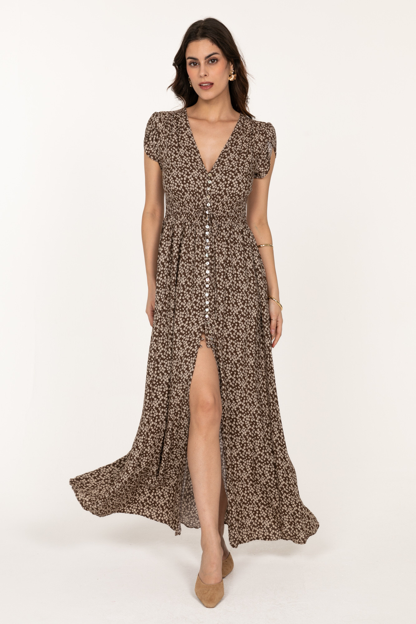 Großhändler Last Queen - Langes Kleid mit Blumendruck, vorne geknöpf