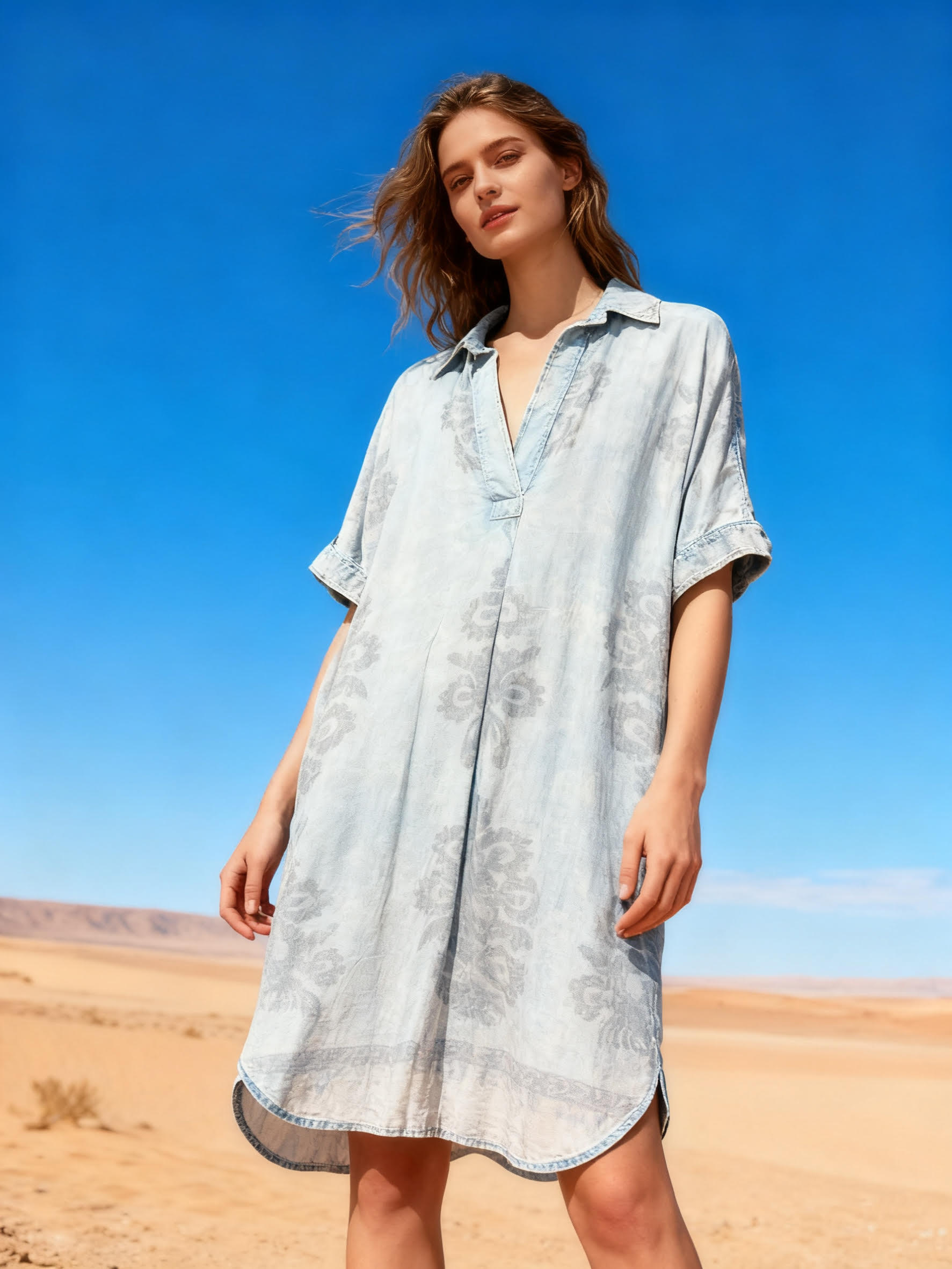 Wholesaler Last Queen - Flowy floral print shirt dress, flared cut, washed fabric