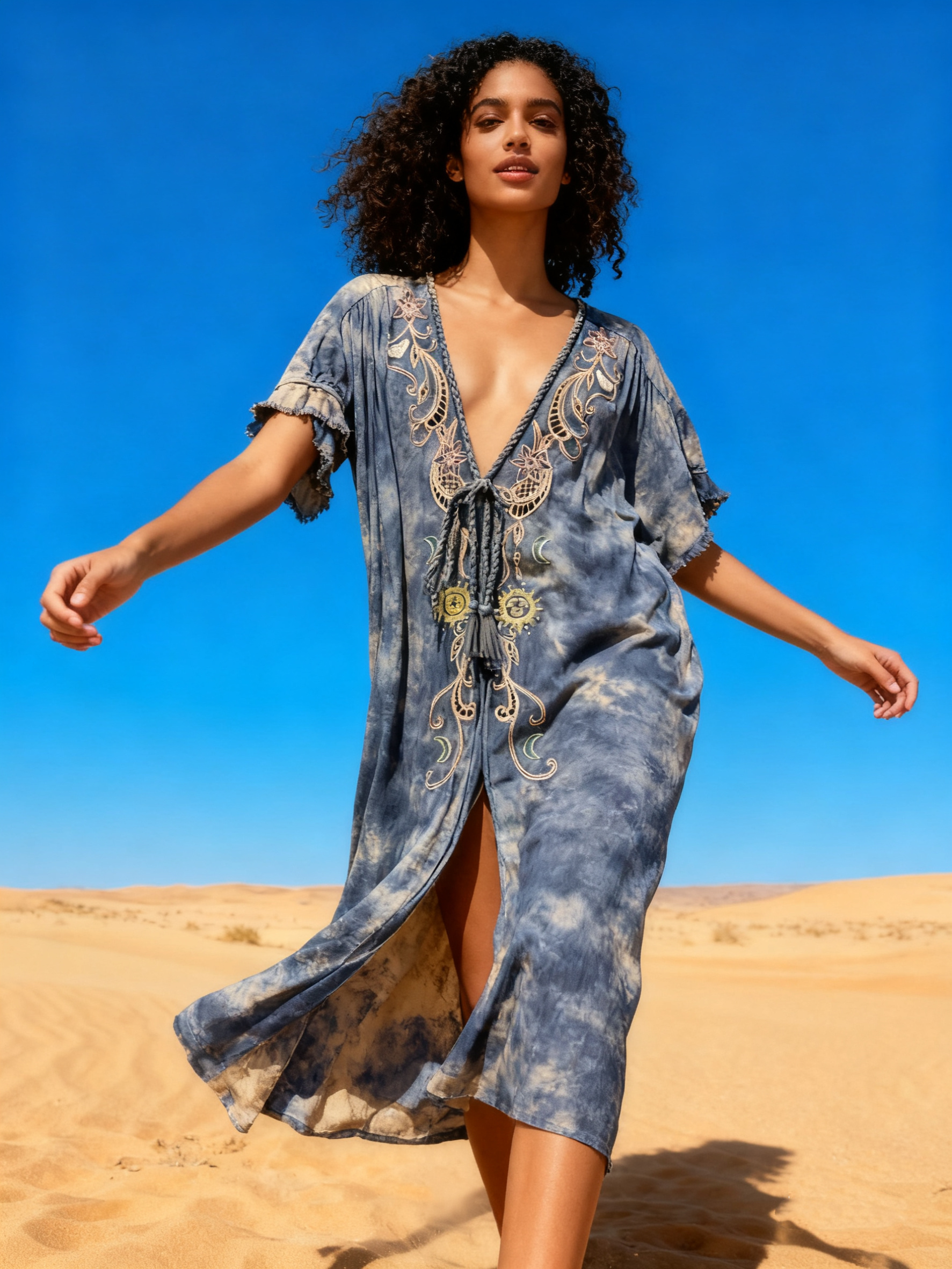 Wholesaler Last Queen - Kimono dress with embroidery, flared cut, washed style