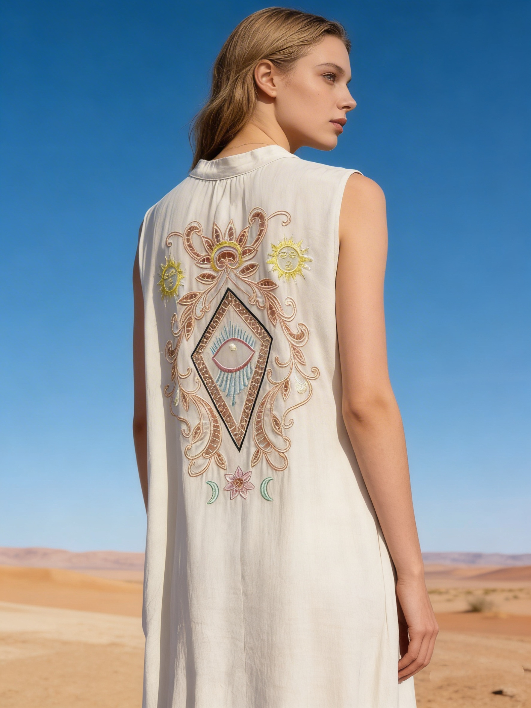 Mayorista Last Queen - Maxi vestido camisero con bordado en la espalda, cuello en V, corte acampanado con bolsillos invisibles