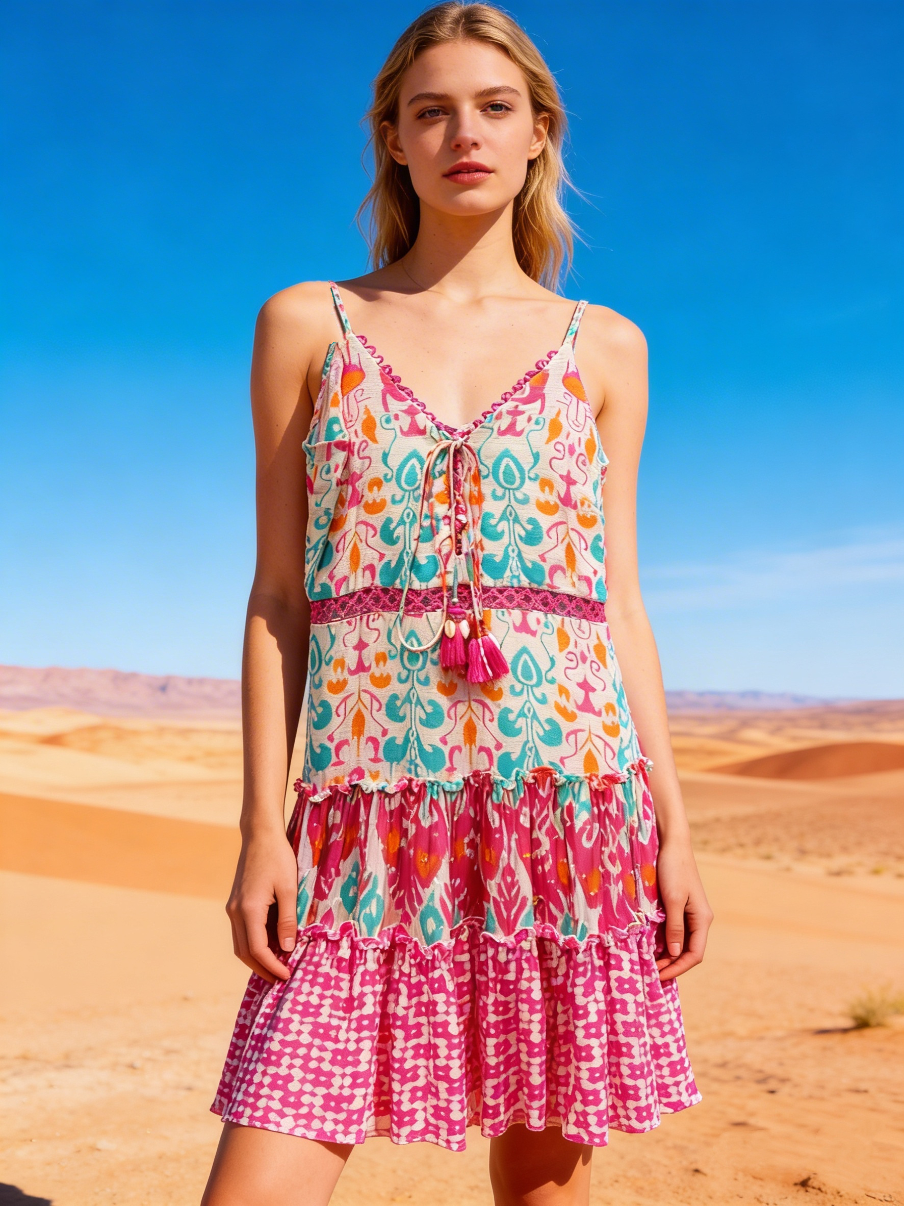 Wholesaler Last Queen - Midi dress with thin straps, ethnic print with Lurex, flared cut