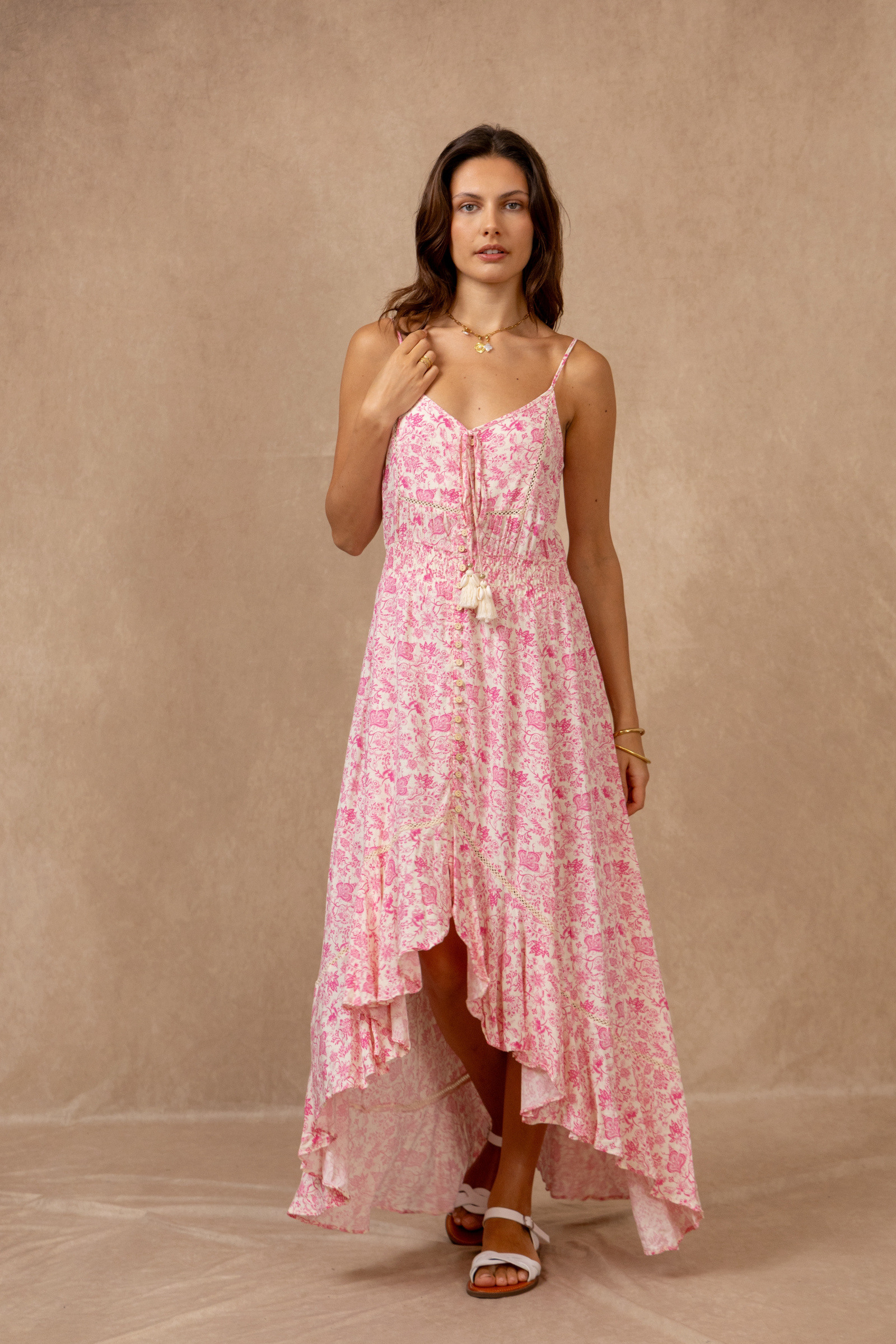 Wholesaler Last Queen - Floral print tank maxi dress with a tied V-neck