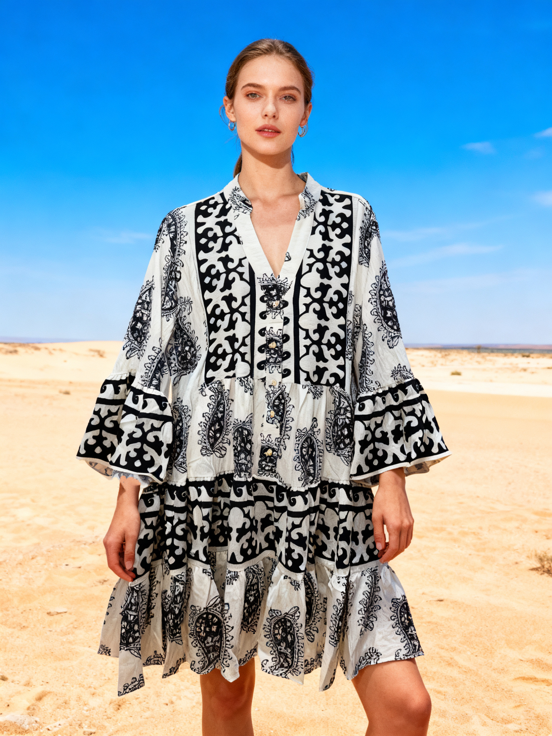 Wholesaler Last Queen - Flowy tunic dress with Paisley print, buttoned front V-neck