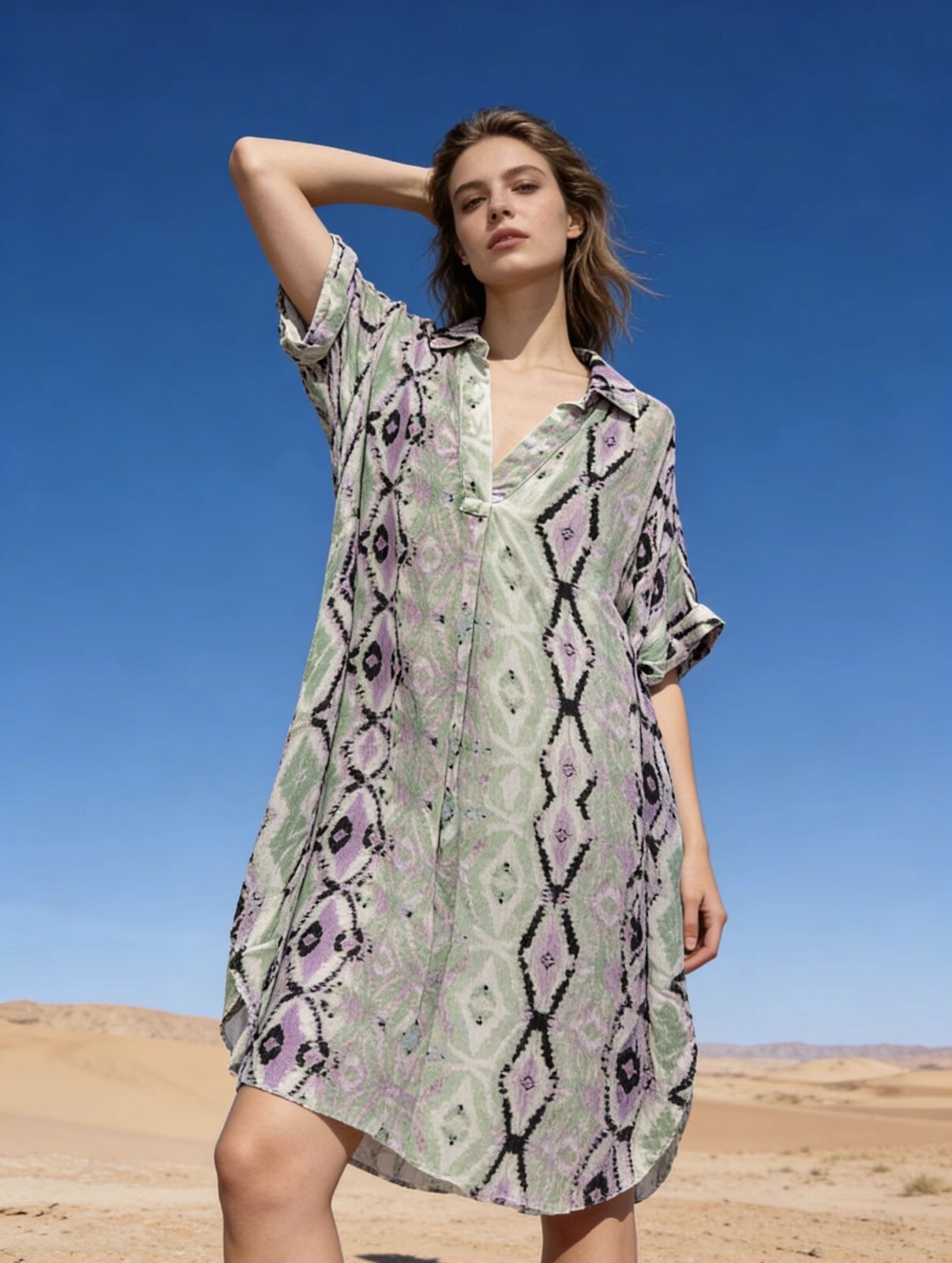 Mayorista Last Queen - Vestido largo fluido con estampado, estilo camisa desgastada, corte acampanado