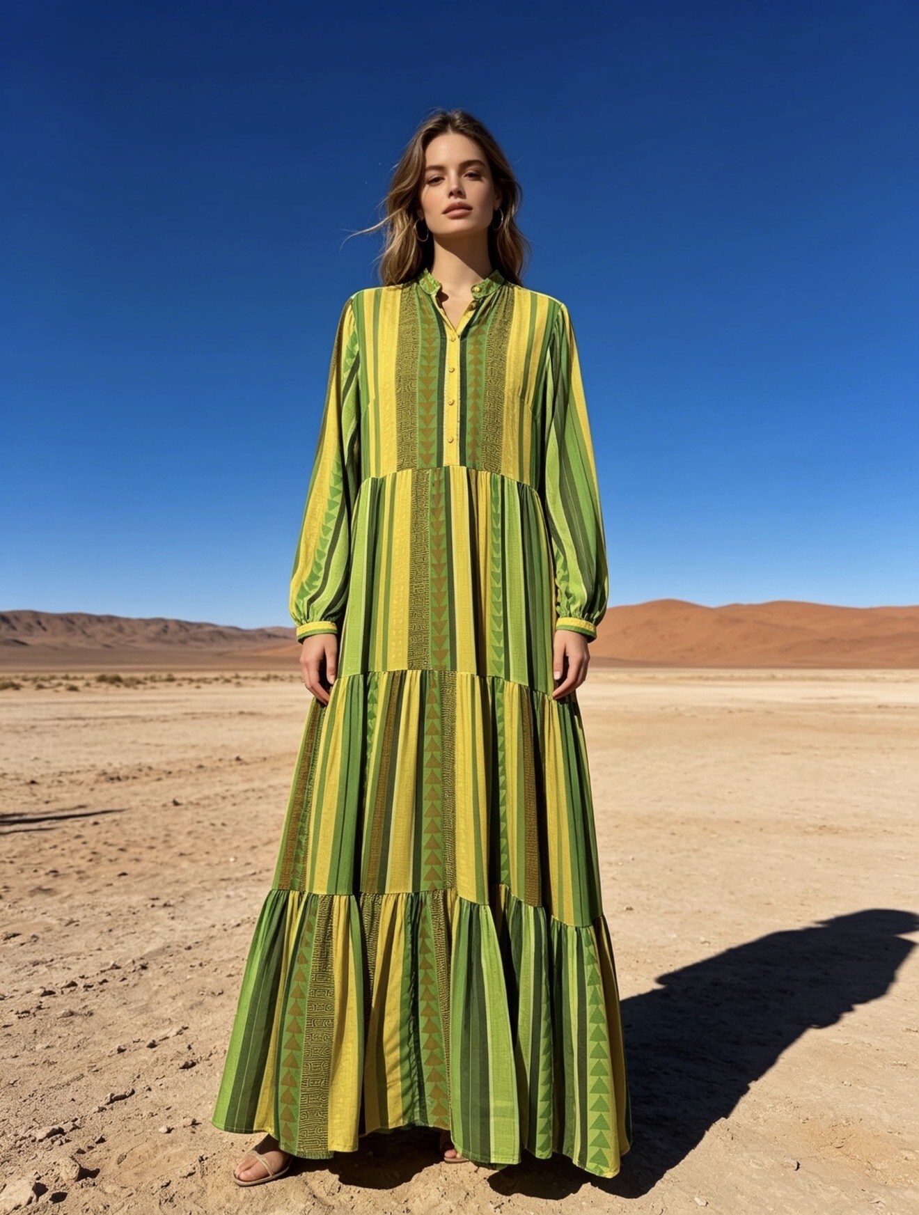 Mayorista Last Queen - Vestido largo estilo camisa con estampado geométrico efecto fluorescente, abotonado al frente,