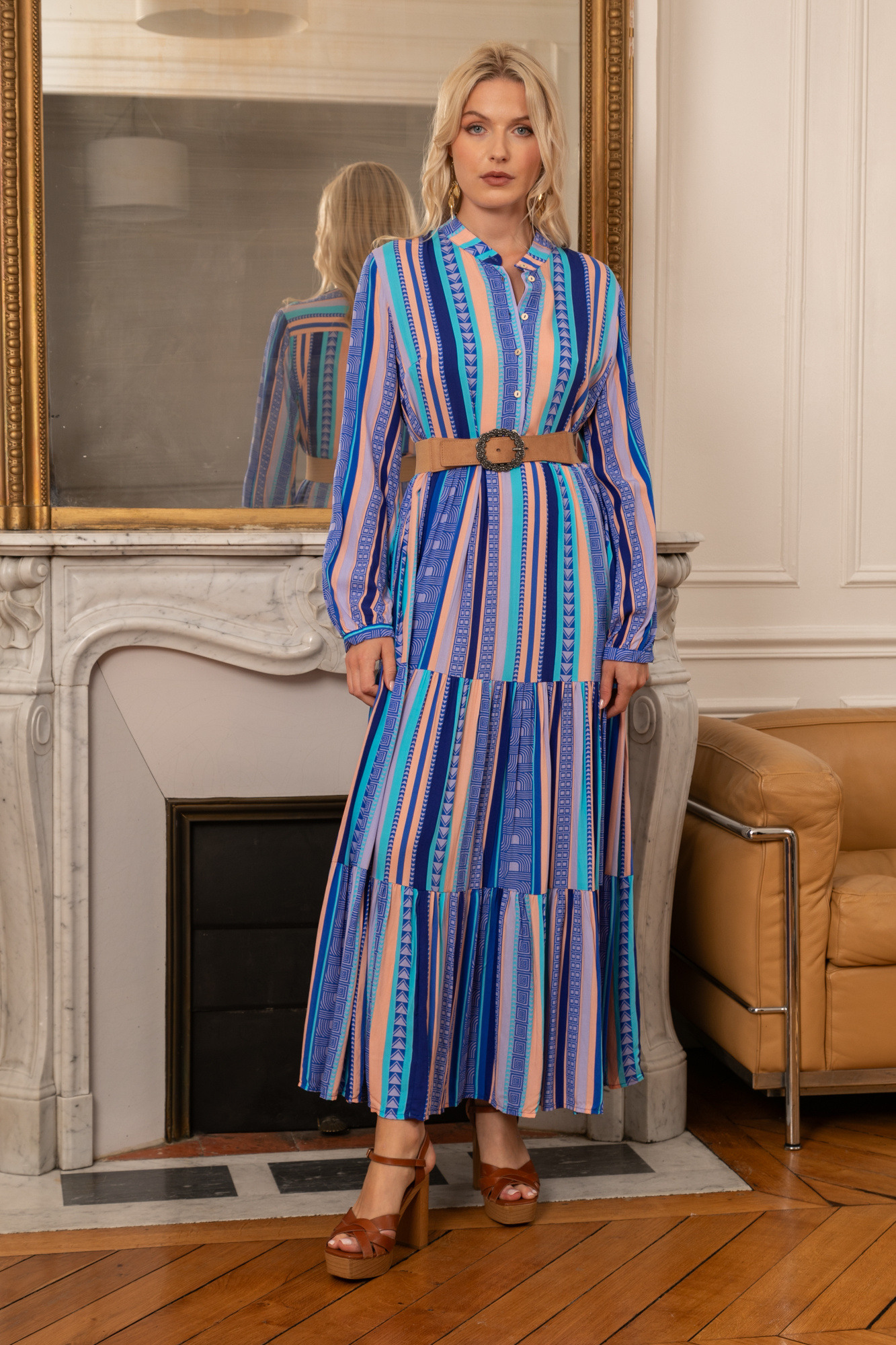 Grossiste Last Queen - Robe chemise à imprimé geométrique , coupe évasée avec fronces