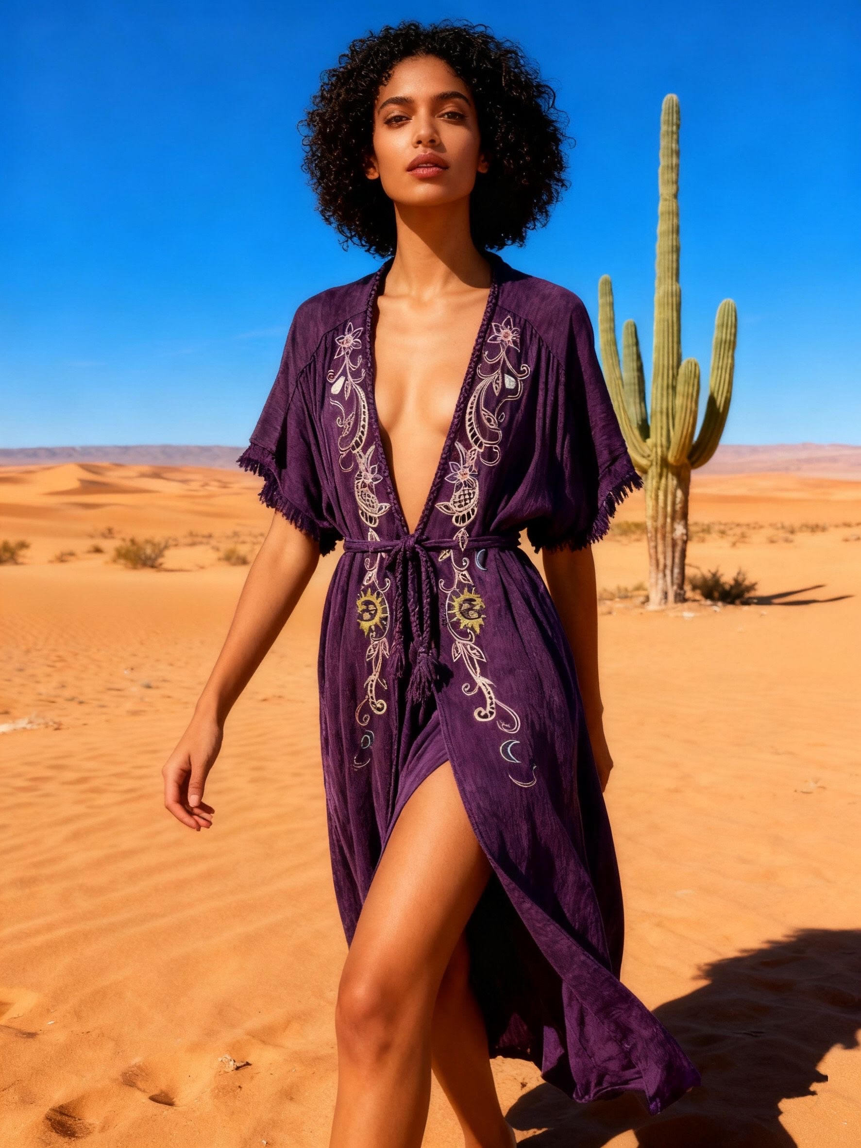 Wholesaler Last Queen - Kimono dress with embroidery, flared cut, washed style