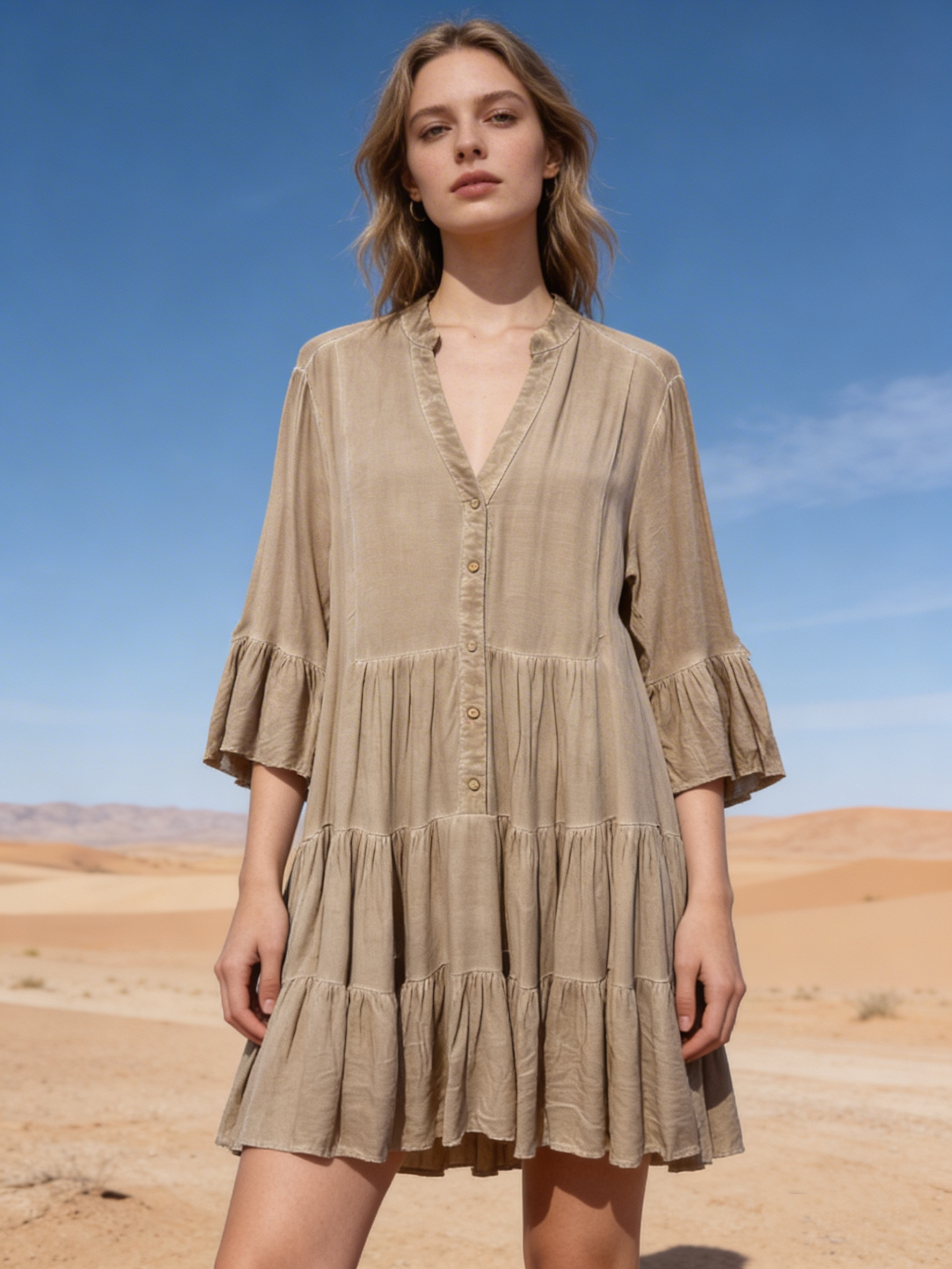Wholesaler Last Queen - Washed-style tunic dress, V-neck with gathers, flared cut
