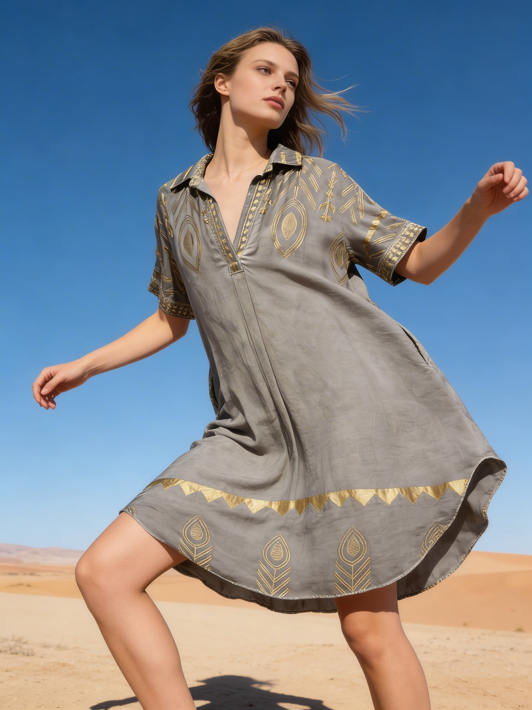 Mayorista Last Queen - Vestido camisero con estampado étnico, corte acampanado con bolsillos invisibles