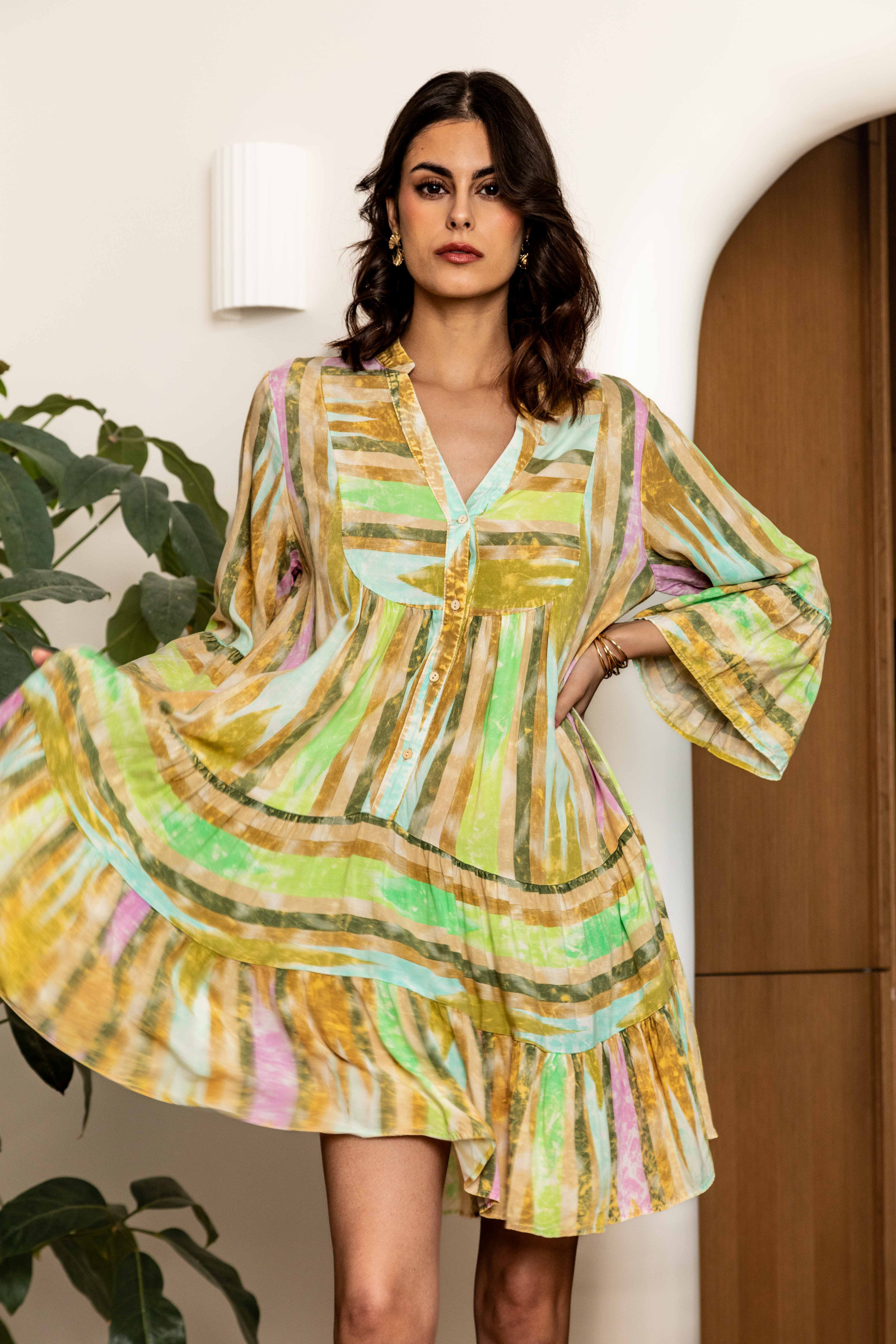 Grossiste Last Queen - Robe chemise à imprimé rayure , style délavé , coupe évasée