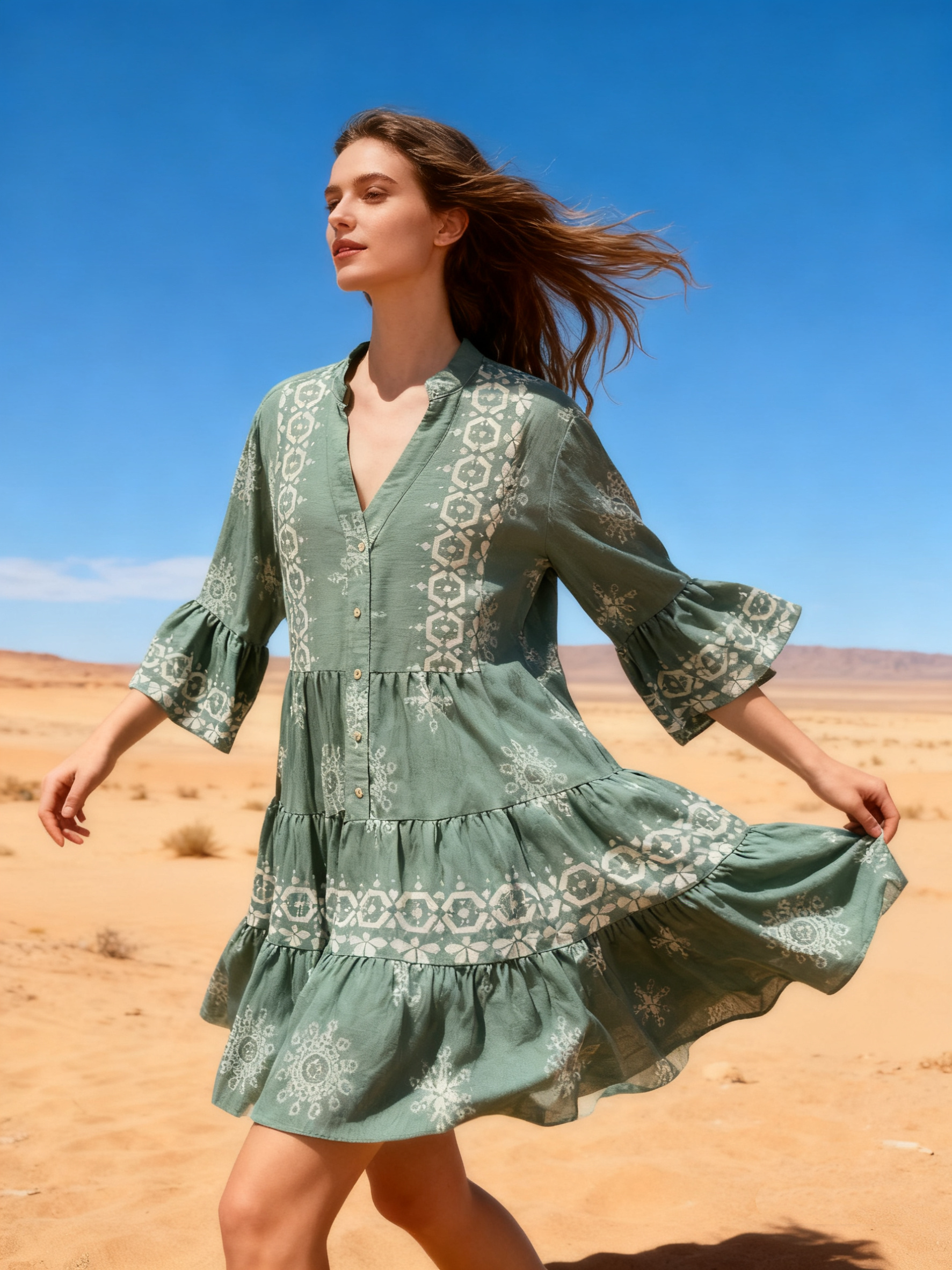 Wholesaler Last Queen - Flowy tunic dress with floral print, buttoned front V-neck