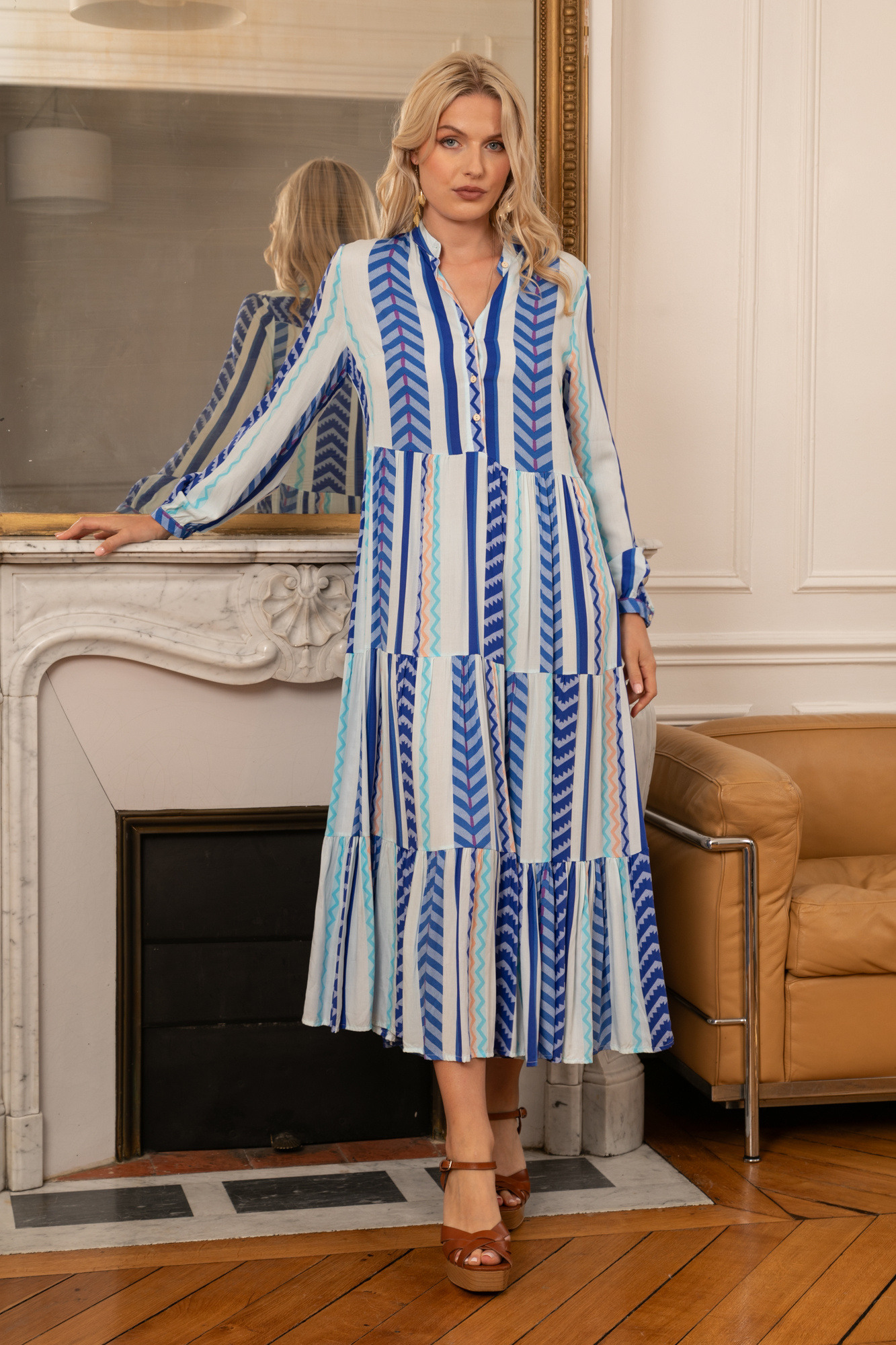 Grossiste Last Queen - Robe chemise à imprimé geométrique , coupe évasée avec fronces