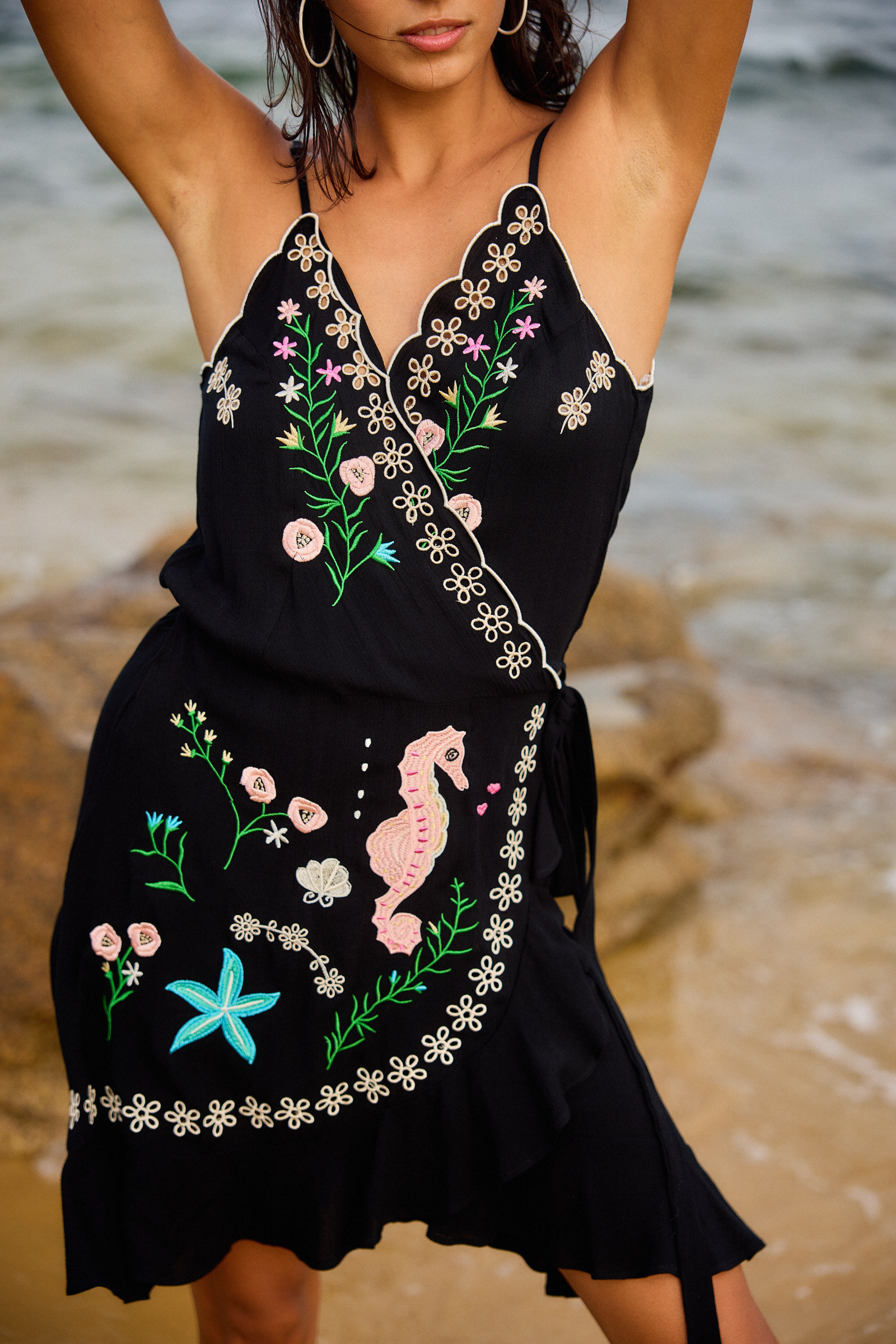 Wholesaler Last Queen - Flowy asymmetrical midi dress with embroidery, wrap style with straps