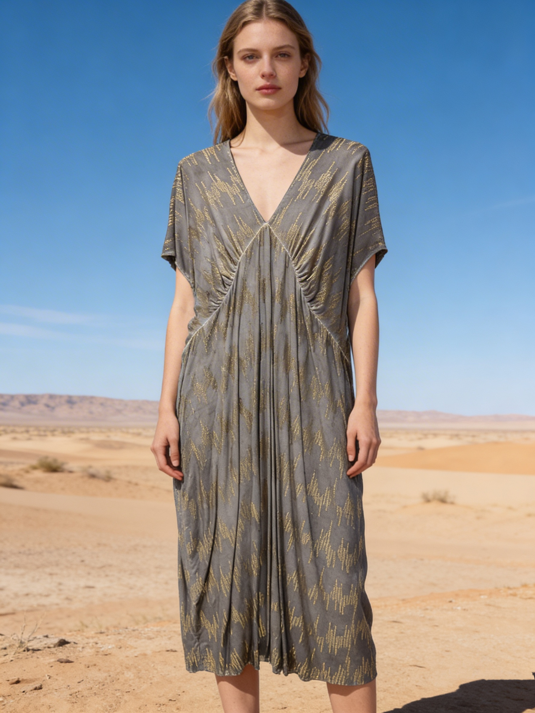 Mayorista Last Queen - Vestido largo con estampado dorado, cuello en V, corte acampanado