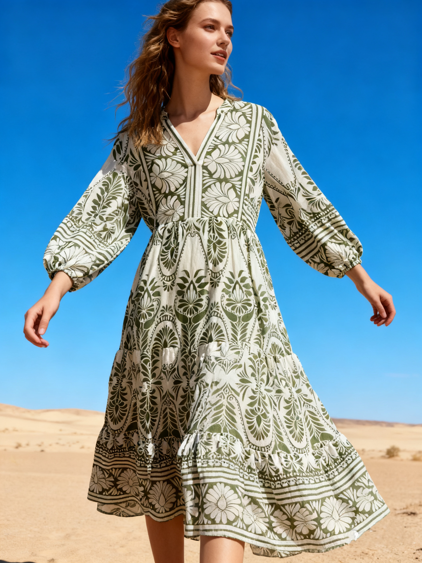 Wholesaler Last Queen - Long dress, V-neck, flared cut with hidden pockets