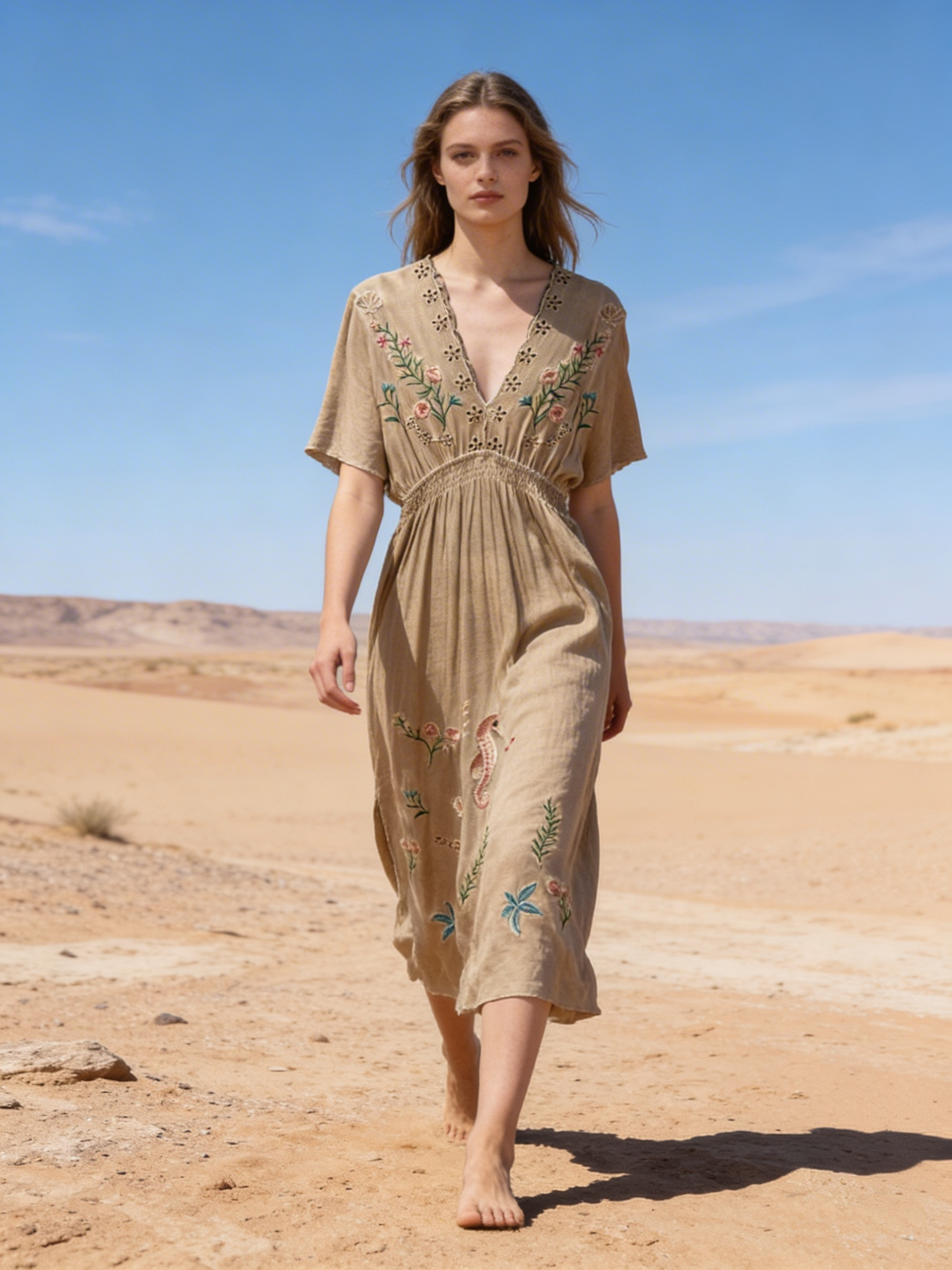 Wholesaler Last Queen - Long dress with floral embroidery, V-neck