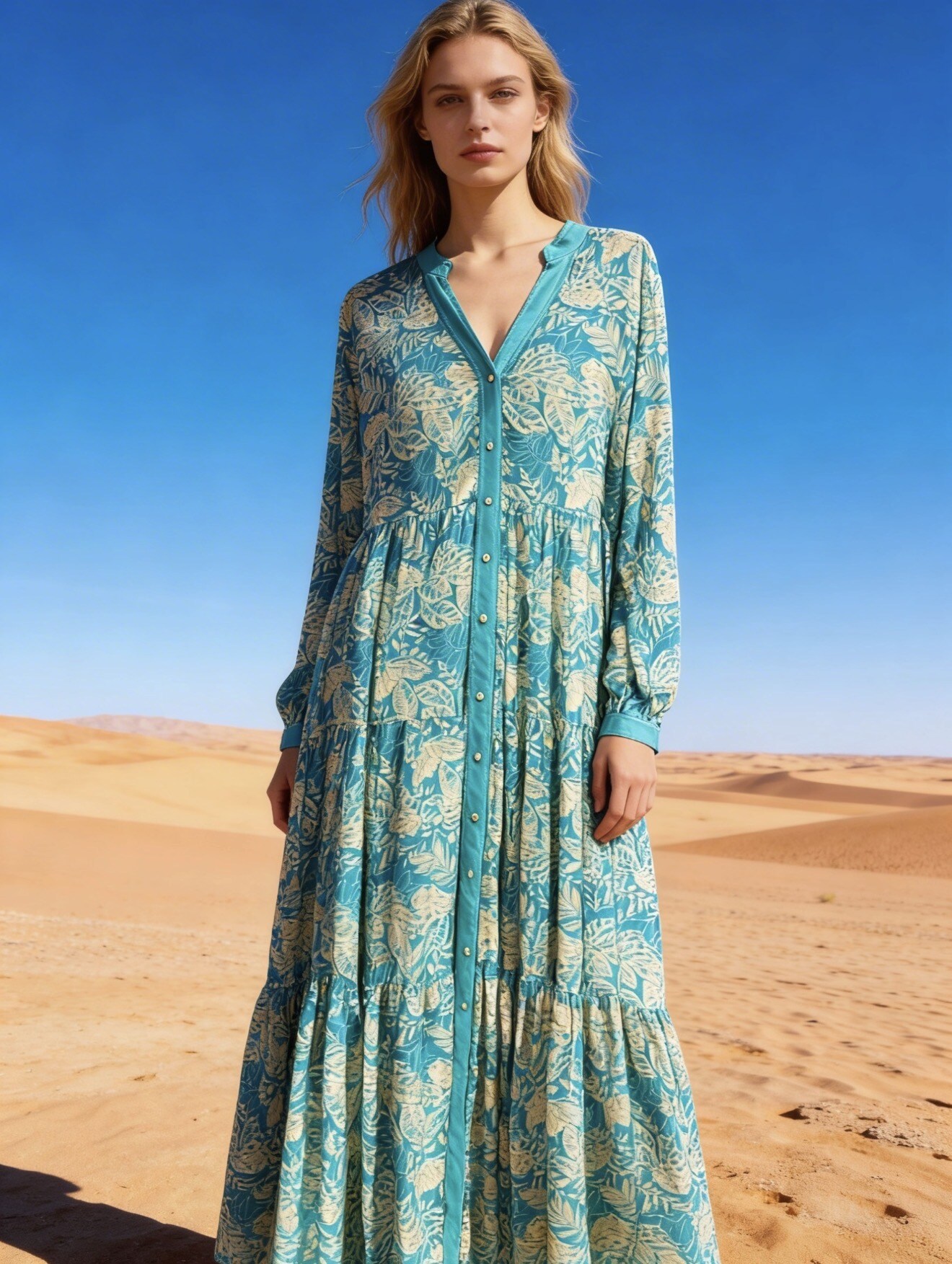 Mayorista Last Queen - Vestido largo estampado con Lurex, corte acampanado con botones frontales