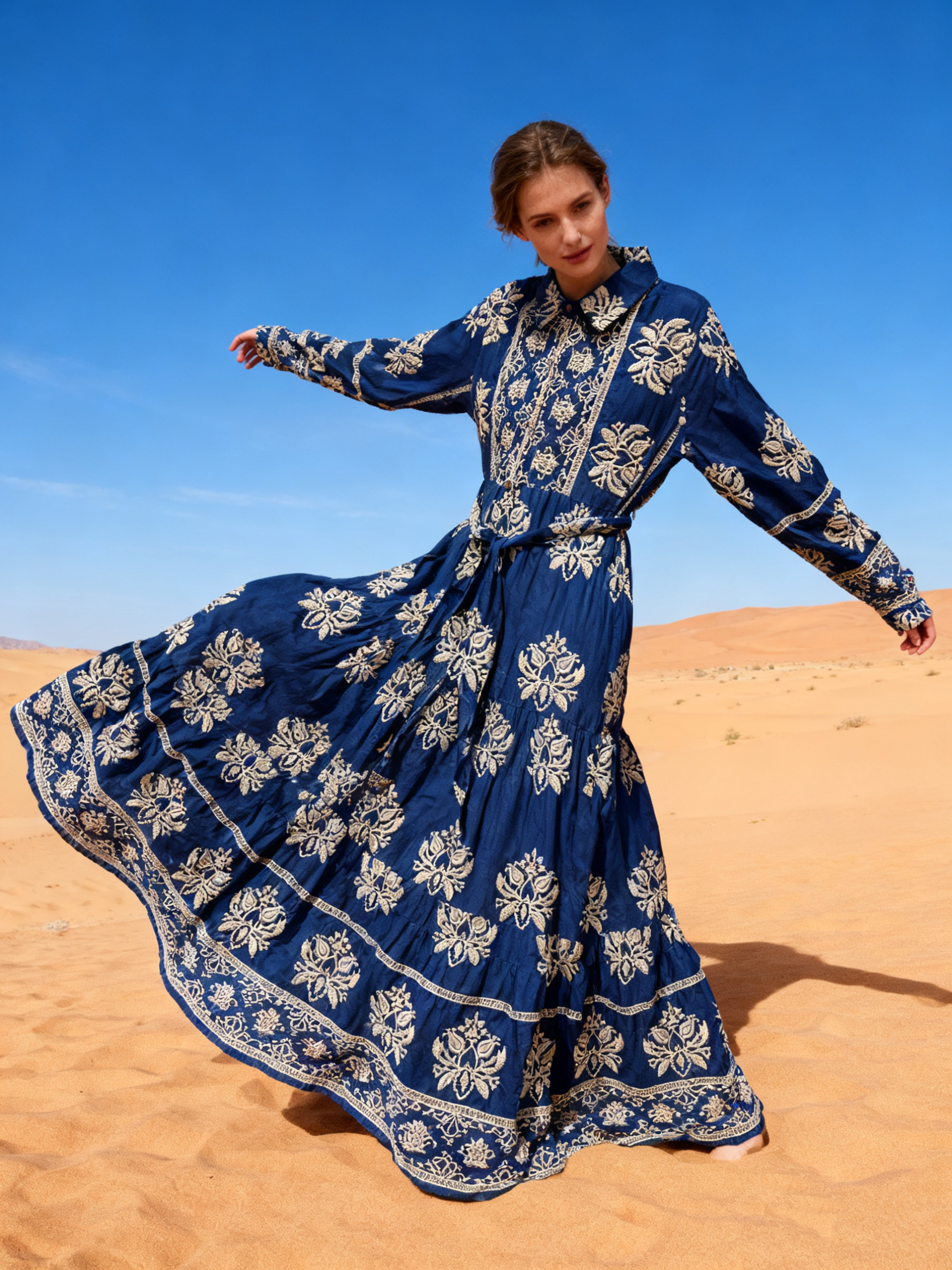 Wholesaler Last Queen - Long belted shirt-style dress, flared cut with eyelet embroidery