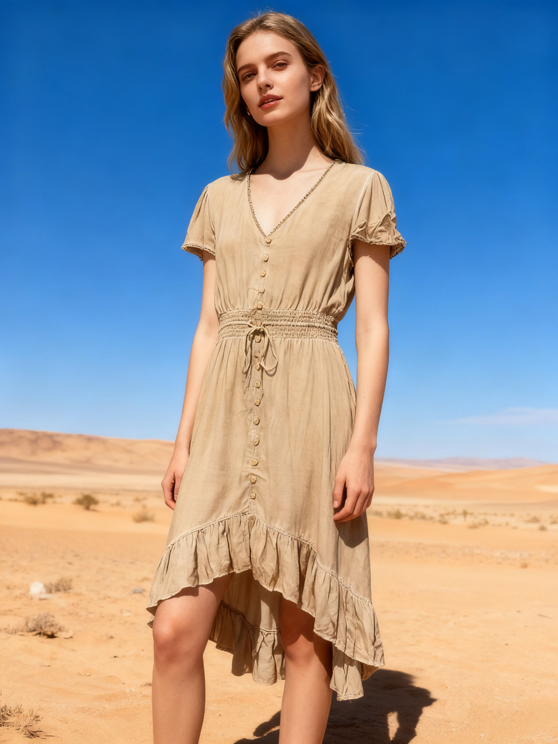 Wholesaler Last Queen - Symmetrical washed-style dress, V-neck with front buttons