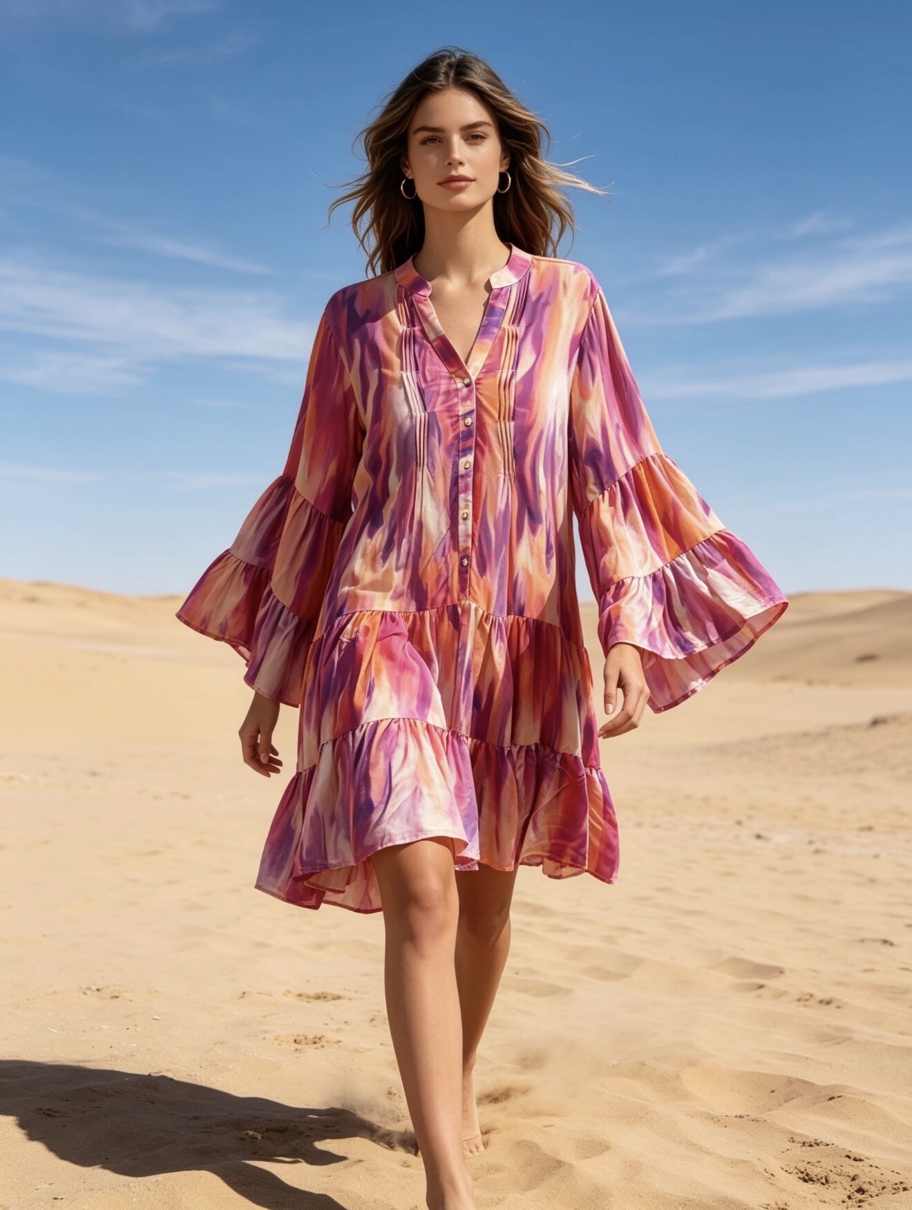 Wholesaler Last Queen - Printed tunic dress, V-neck, flared cut