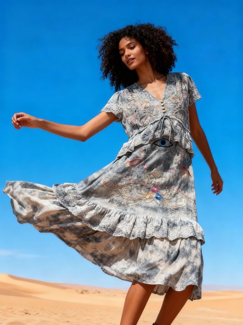 Wholesaler Last Queen - Long embroidered dress, V-neck with front buttons, lace detail