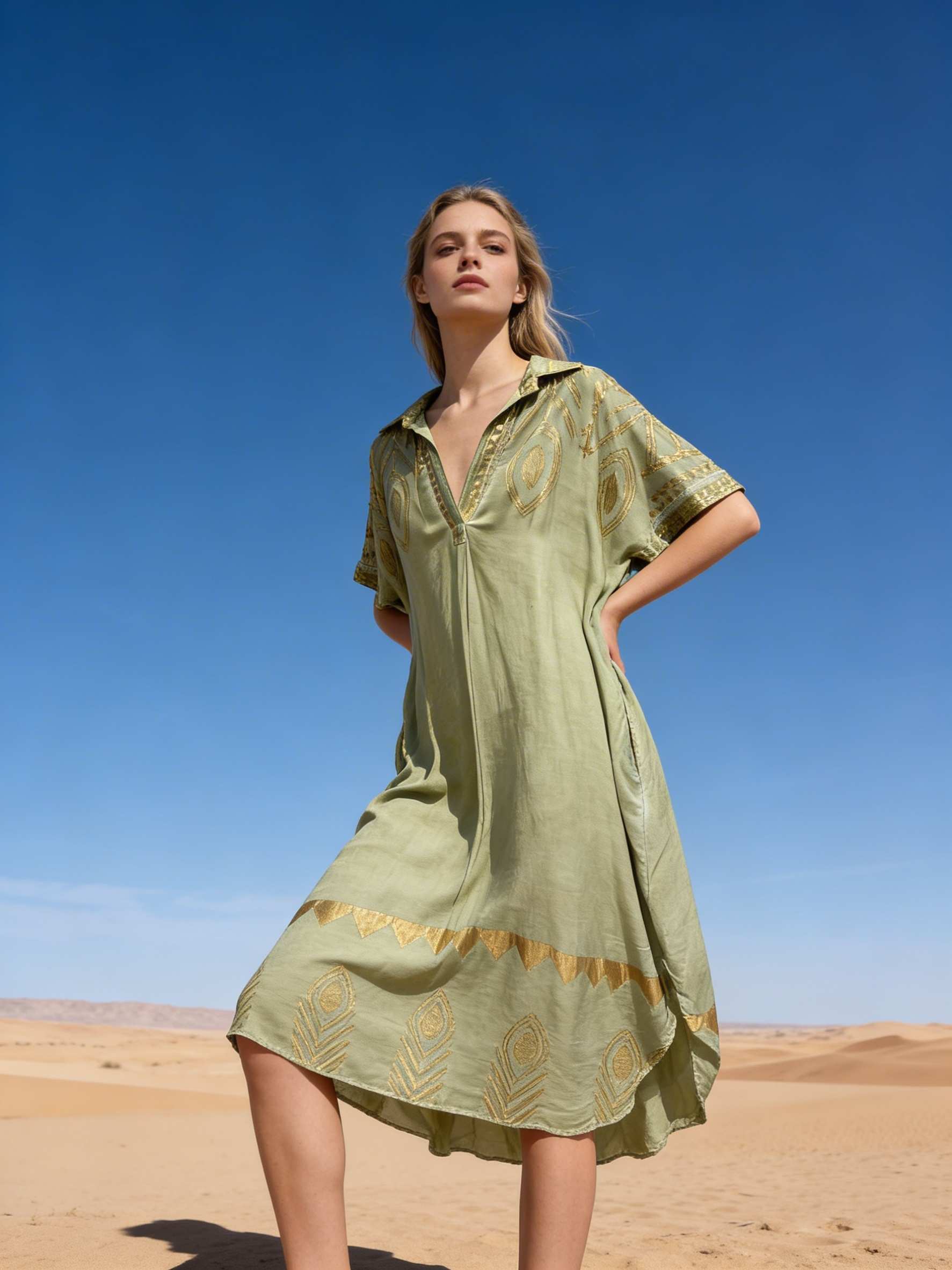 Mayorista Last Queen - Vestido camisero con estampado dorado étnico, corte acampanado con bolsillos invisibles