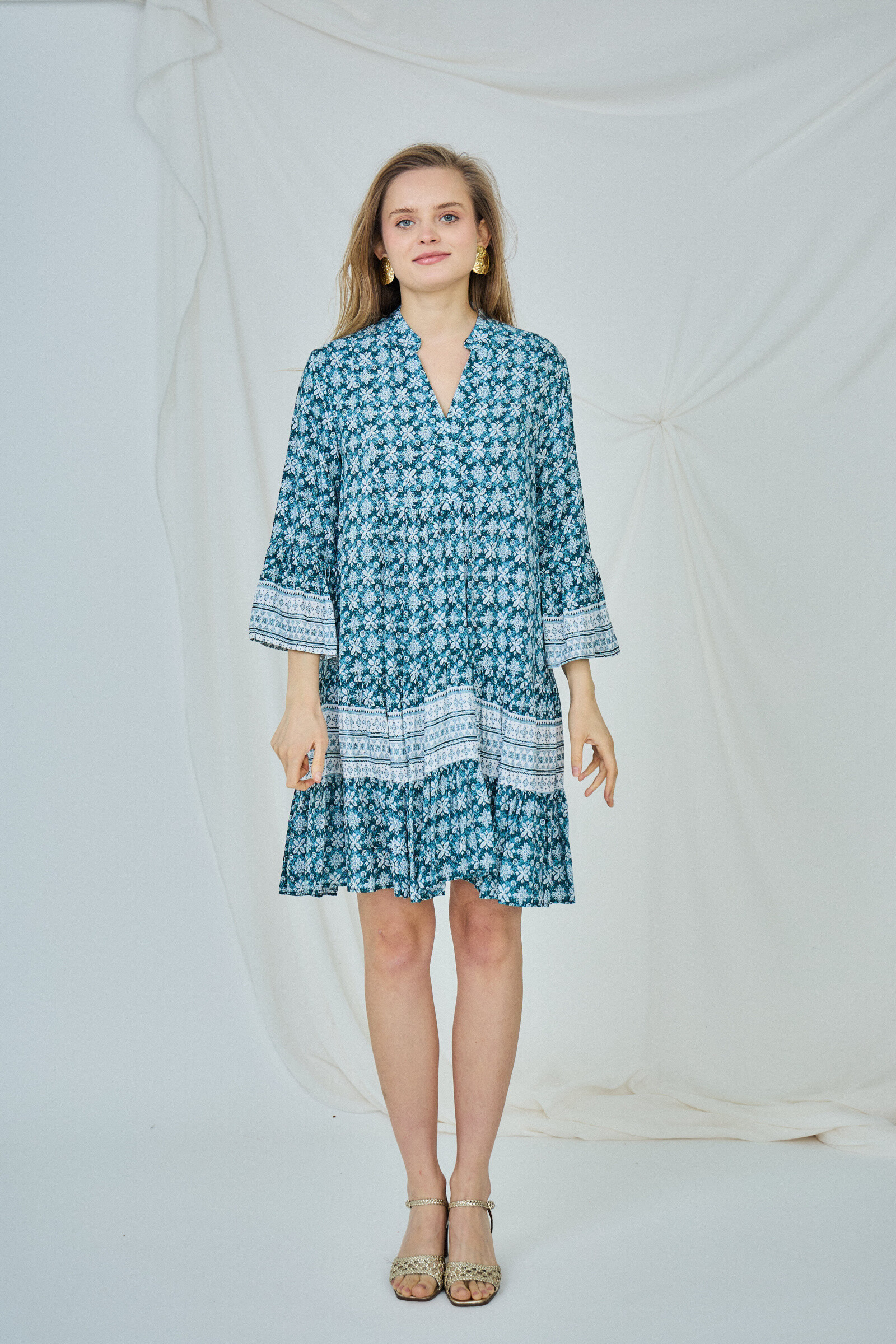 Wholesaler LAST QUEEN OUTLET - Long printed shirt style dress, loose cut with gathers
