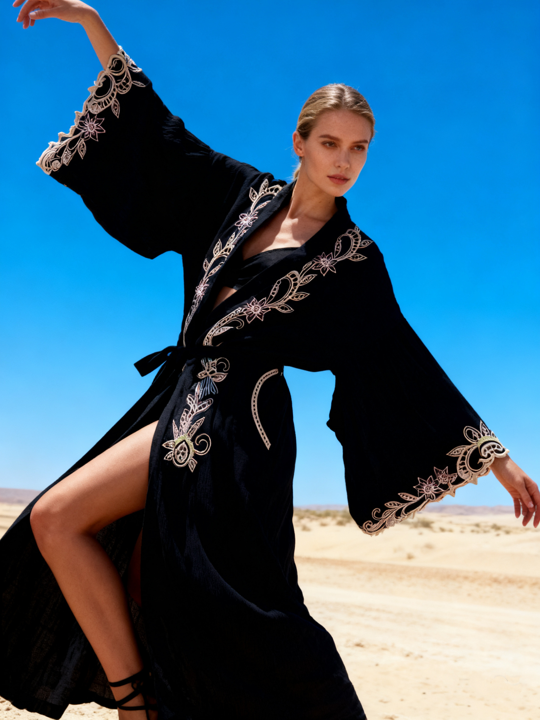 Wholesaler Last Queen - Flowy kimono dress with openwork embroidery, flared cut, invisible pockets